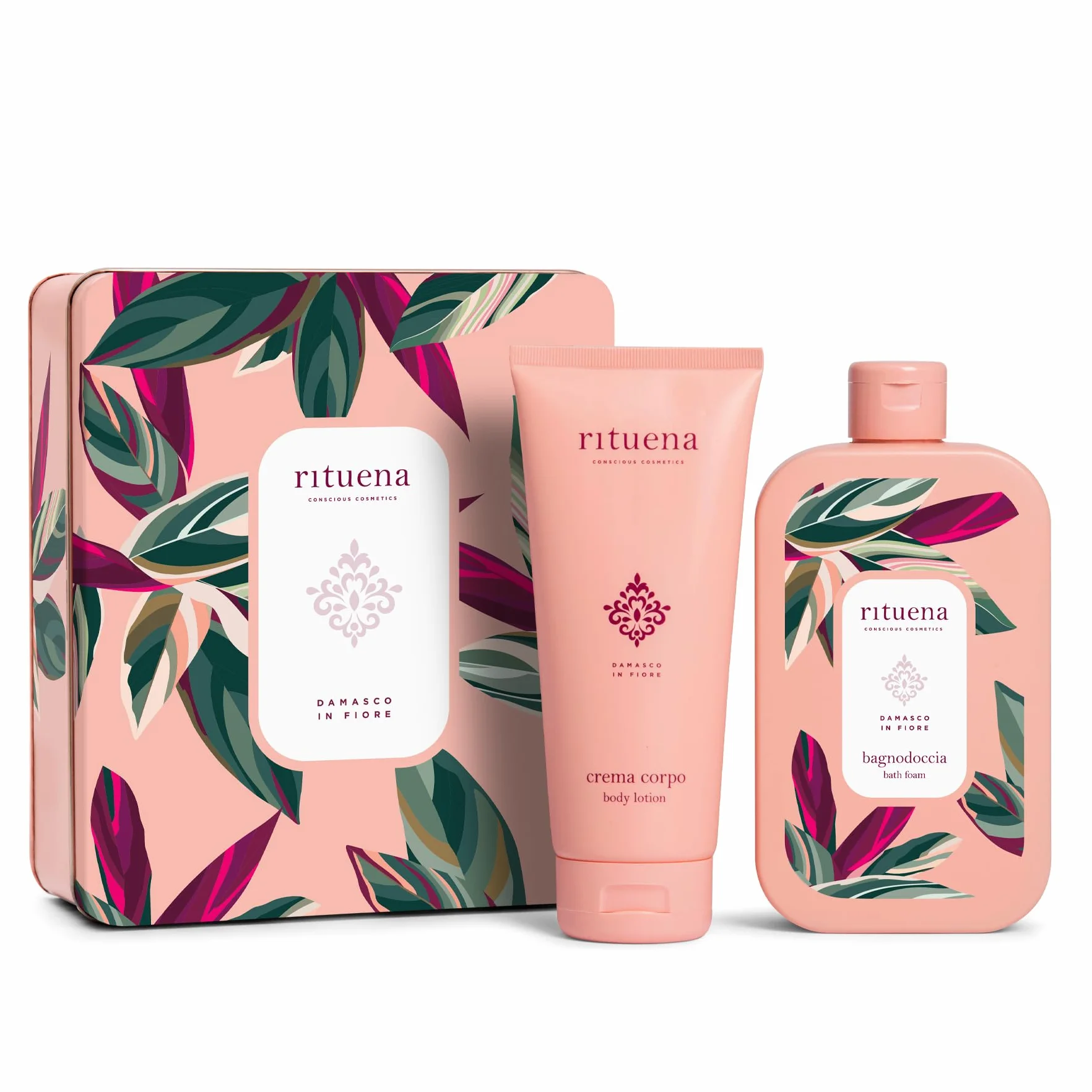 RITUENA | Damasco in Fiore, Confezione Regalo, Docciaschiuma 400ml + Crema Corpo 200ml in Elegante Scatola in Latta, Fragranza Elegante Ispirata ai Fiori di Damasco