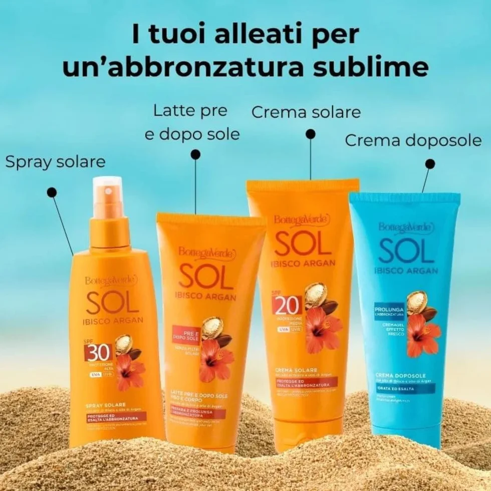 Bottega Verde - SOL Ibisco Argan, Latte Presole e Doposole Viso e Corpo, 200ml, Idrata e Prolunga l'Abbronzatura, Senza Filtri Solari