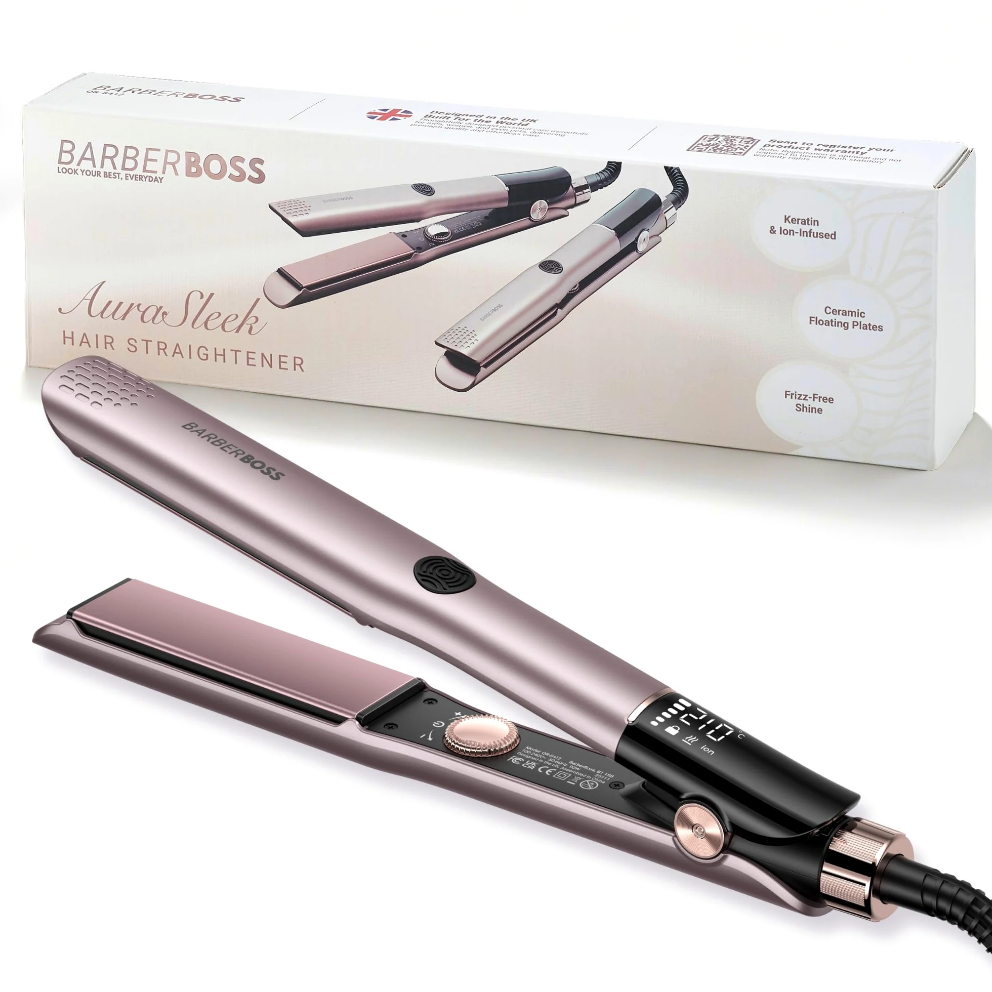 BarberBoss Piastra per capelli in ceramica piastre mobili, cura ionica e cheratina per tutti i tipi capelli, indicatore temperatura LED, piastra professionale per capelli lisci (QR-8412, Rosa)