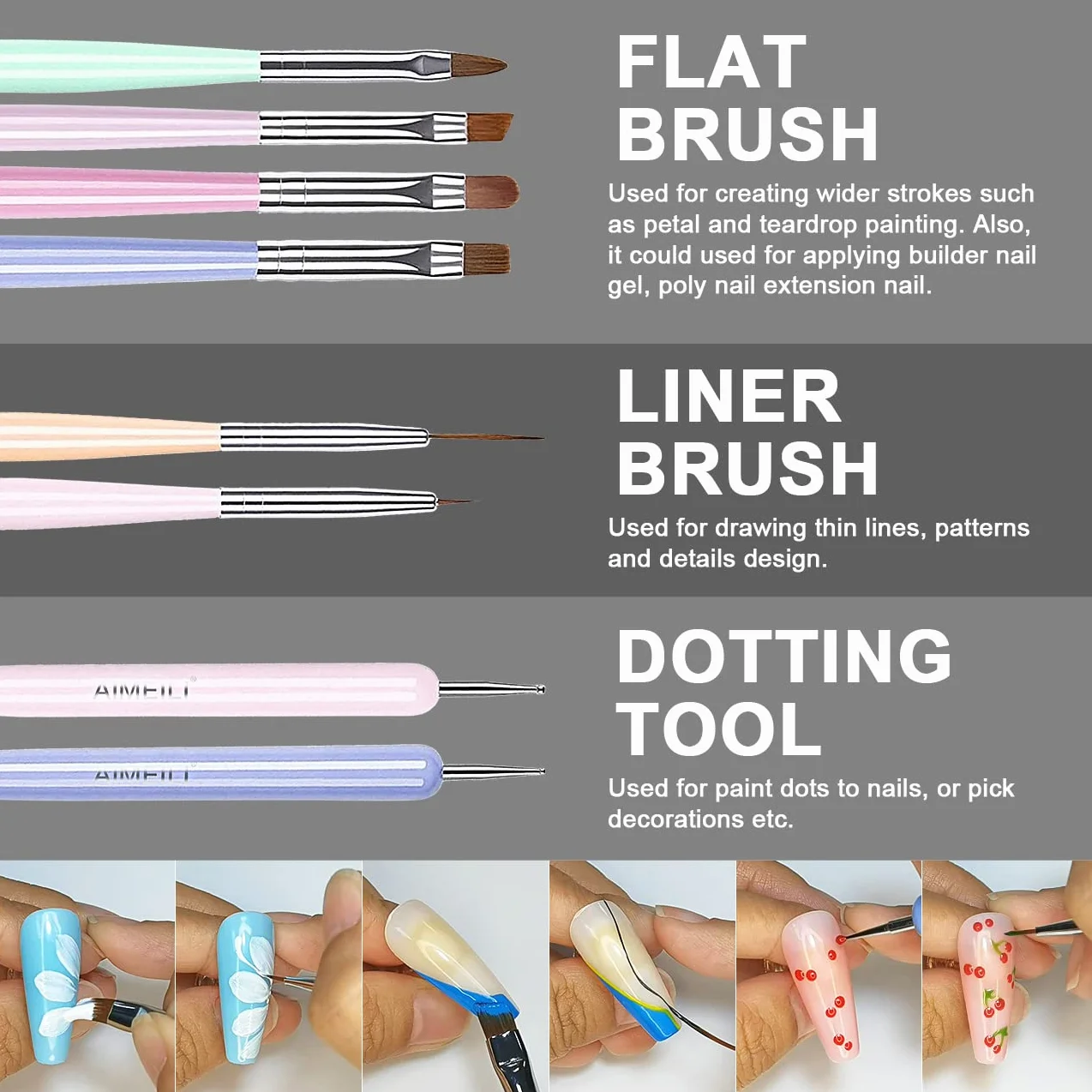 AIMEILI 6 Pezzi Pennelli per Unghie Set Per UV Gel Liner Pittura Pennello Acrigel Pennello Decorazioni Unghie Penne Dotter per Nail Art DIY Attrezzi