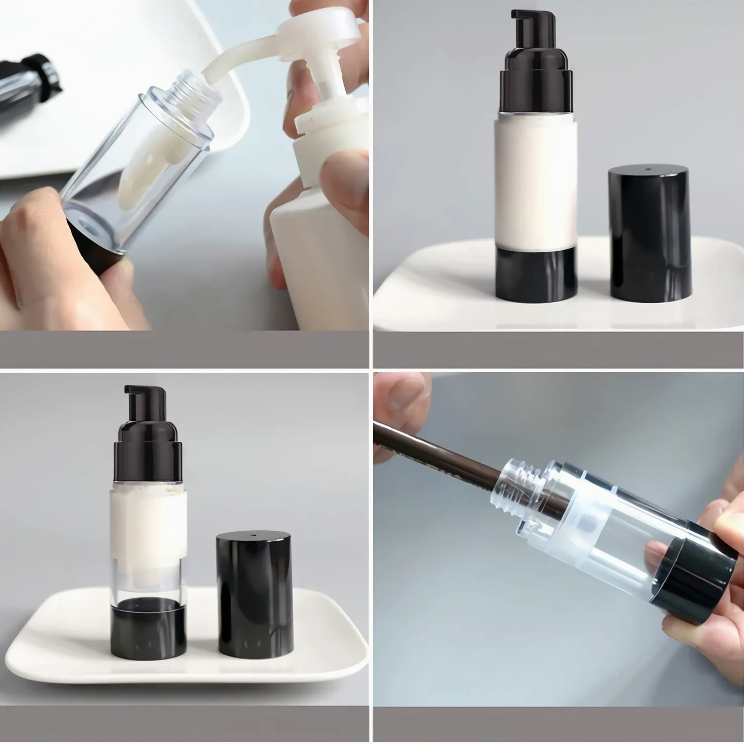 TIANZD 12 Pezzi 30 ml Plastica Bottiglie Airless Dosatori per Cosmetici, Nero Trasparente Bottiglie di Pompa Ricaricabile per Gel Dispenser, Flacone Contenitori per Liquidi Viaggio con Siringa