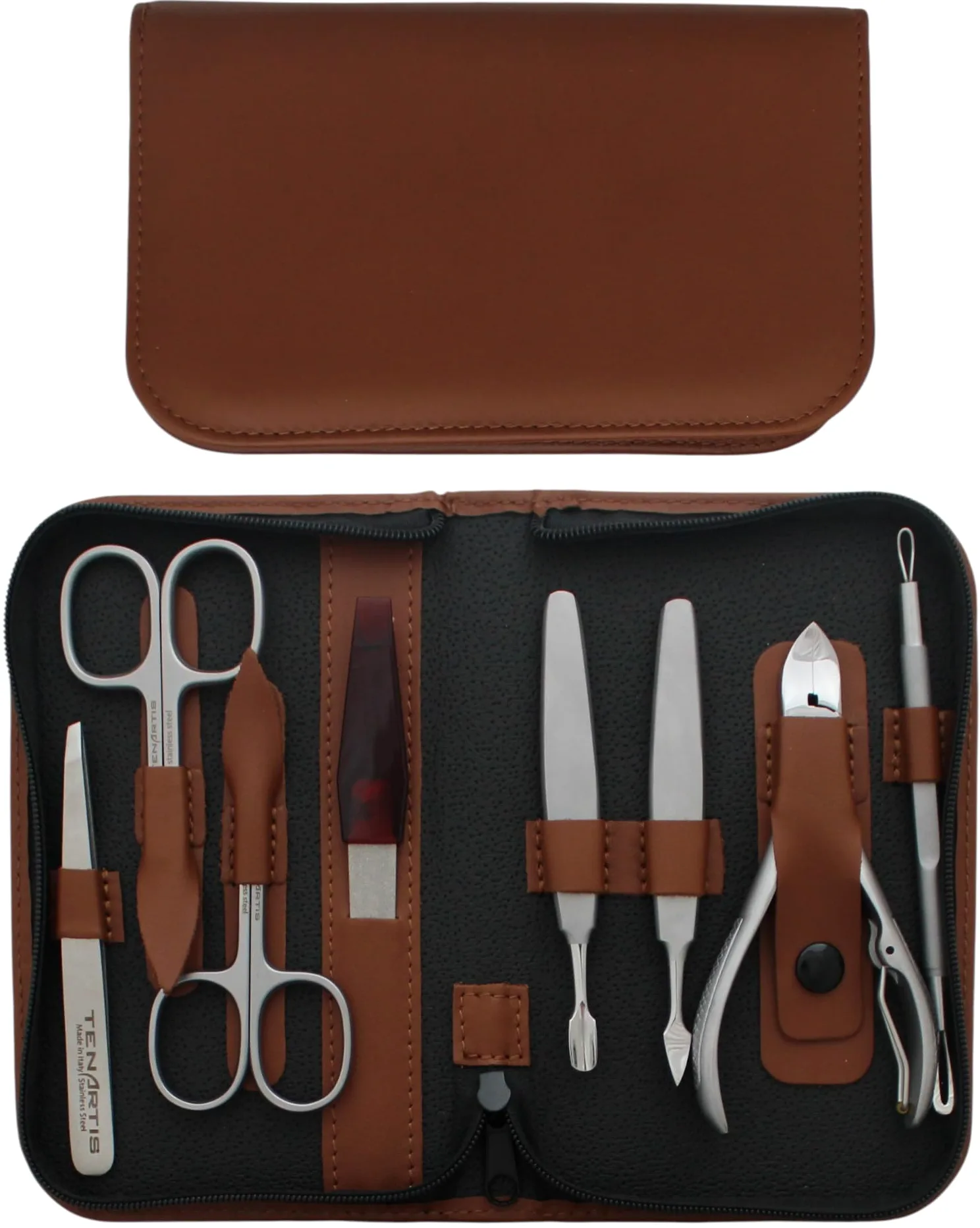 Set Manicure & Pedicure 8 Pezzi Inox in Vera Pelle con Cerniera - Tenartis Made in Italy (Marrone)