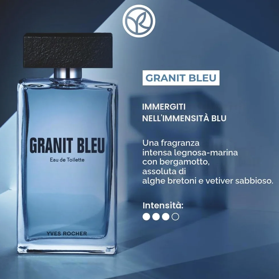 Yves Rocher GRANIT BLEU Eau de Toilette Vaporizzatore 100ml | Bergamotto e alghe della Bretagna - Profumo con note di vetiver di sabbia - regalo per uomo