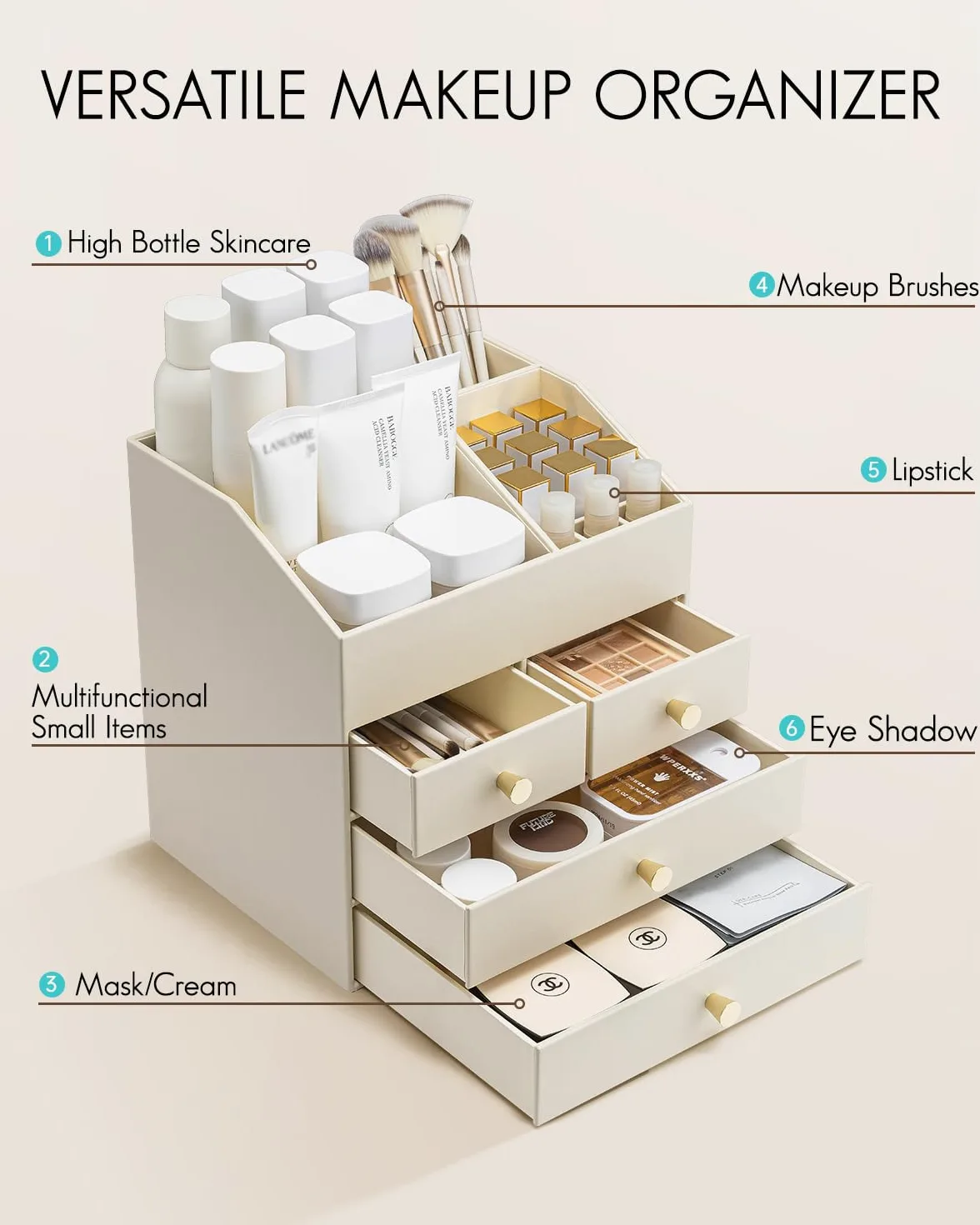 VLANDO Organizer per trucchi con 4 cassetti, grande organizer da tavolo da | Organizer per profumi, per la cura della pelle, accessorio da toeletta per rossetto, regalo, beige