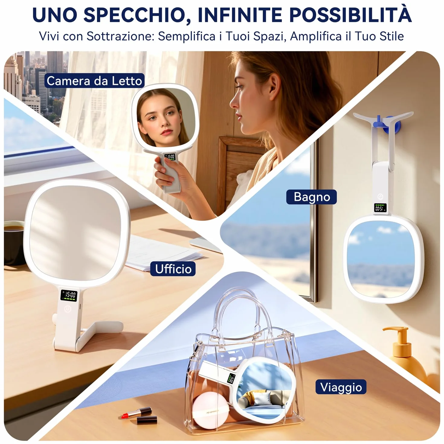 Auxmir Specchio Ingranditore Bifacciale 30X/1X con Luci LED 3 Colori Regolabile, Specchio da Tavolo Pieghevole Ricaricabile