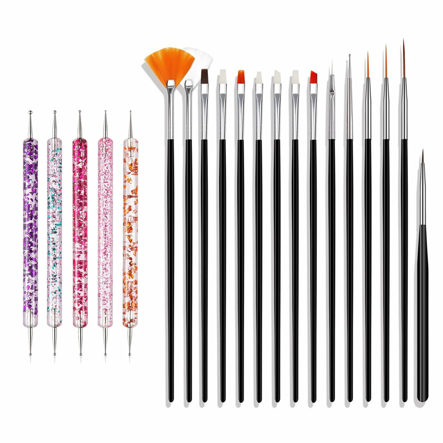 ‌Set di Pennelli per Nail Art, 20 pezzi Pennelli per Design su Unghie, Pennelli Professionali per Design di Nail Art, Pennelli Fine Liner per Unghie, Nero