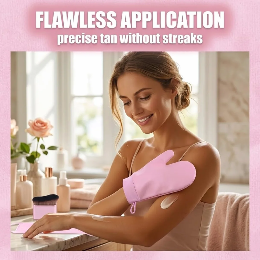 Guanti Autoabbronzante 3 Pezzi Applicatore Crema Faccia Corpo Riutilizzabili Abbronzatura Uniforme Naturale Rosa
