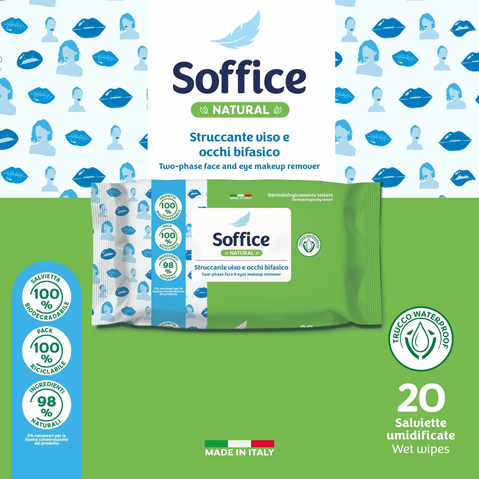 Salviette Soffice Natural Struccante Viso e Occhi, Rimuovono Anche il Trucco Waterproof, Formula con Acqua Micellare Bifasica - 20 Confezioni da 20 pz