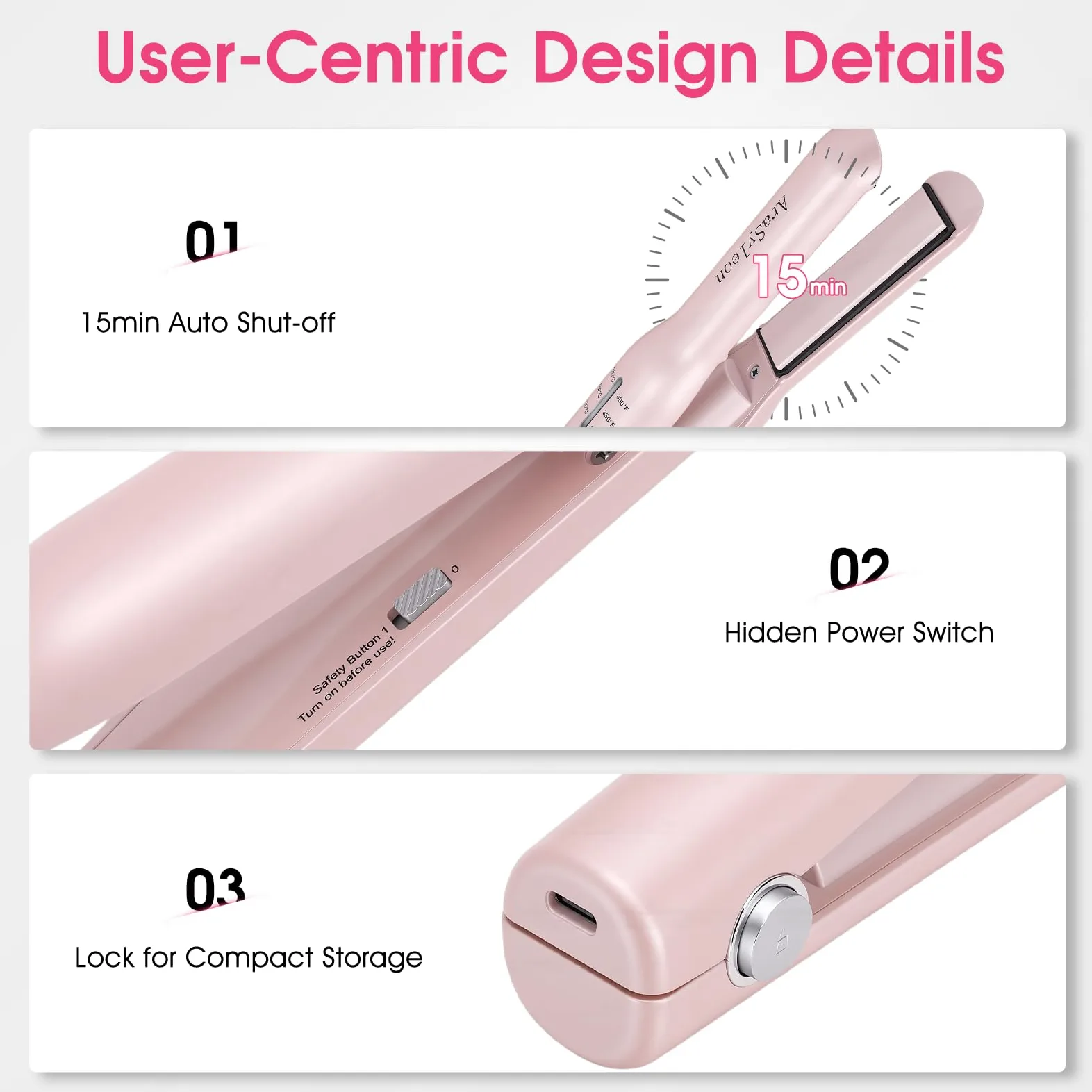 Piastra per capelli senza fili, da viaggio, per capelli corti, rosa | Mini ferro piatto portatile portatile ricaricabile da viaggio compatto