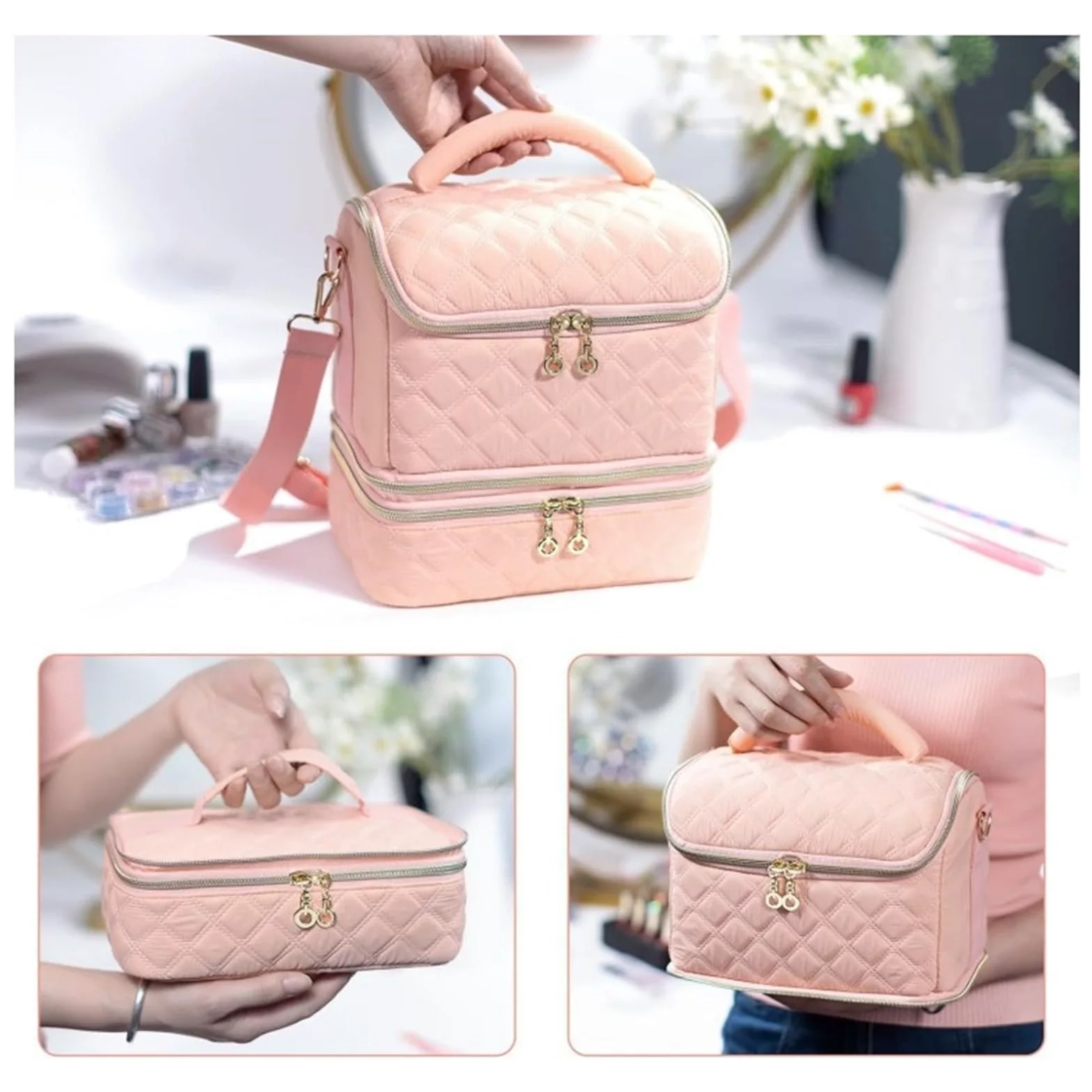 Porta Smalti Valigetta Unghie Custodia Portaoggetti For Smalto For Unghie, Contiene 48 Flaconi E Borsa For Strumenti For Manicure Borsa Viaggio(Pink)