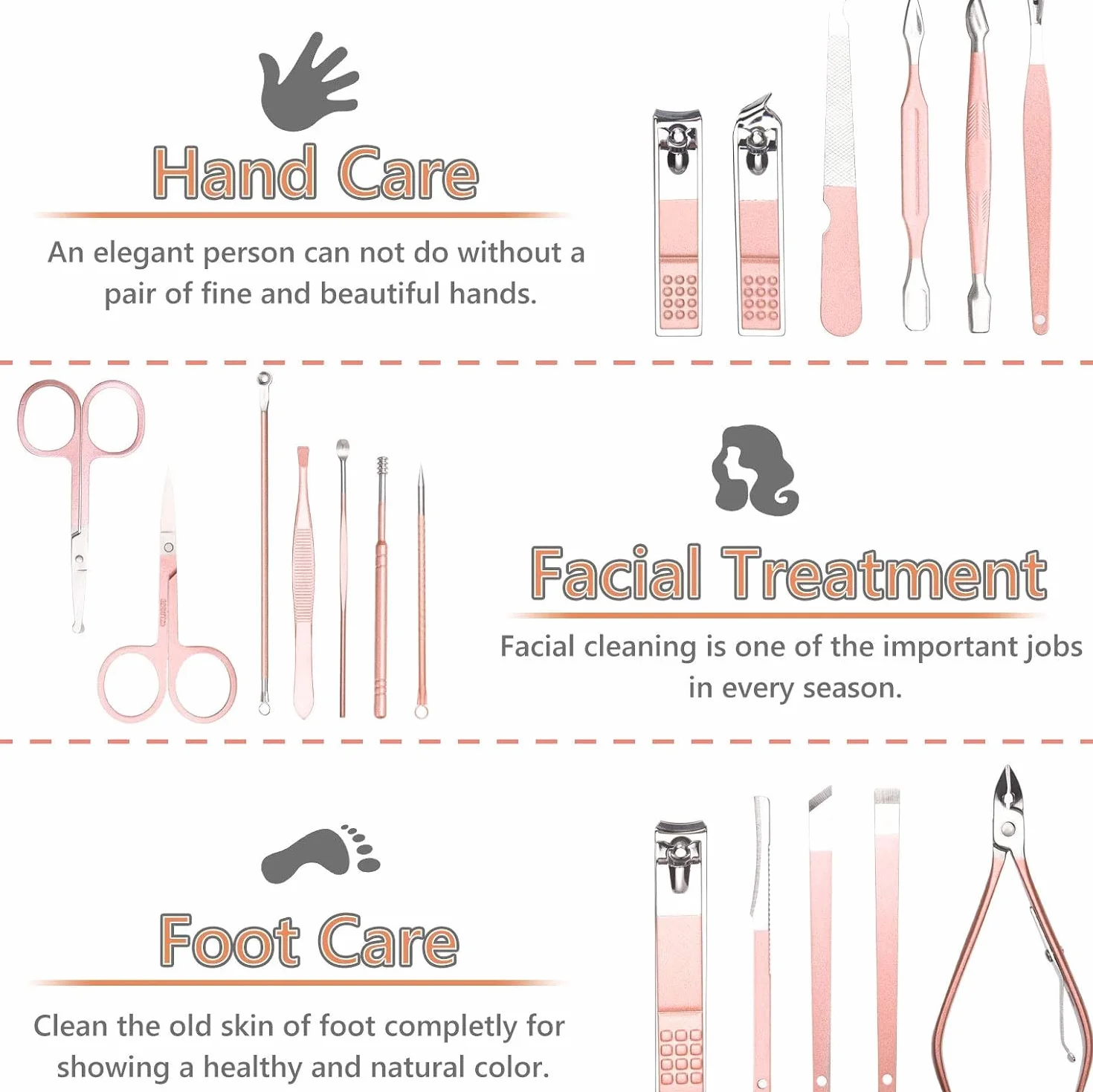 URAQT Professionale Tagliaunghie Set 18 Pezzi Grooming Kit Manicure (Oro Rosa)