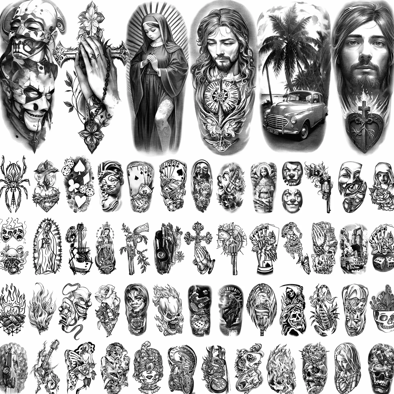 77 Fogli Tatuaggi Temporanei, Tatuaggi Finti Chicano Guadalupe Gangster Prigioniero Giorno dei Morti, Cultura Lowrider Messico Clown Tatuaggio Finto per Uomini Donne Adulti