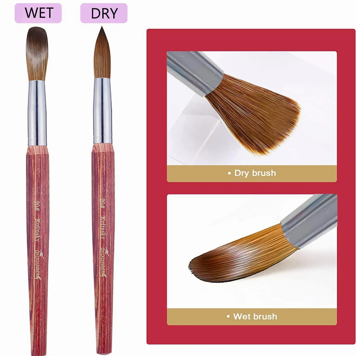 Kolinsky - Pennello per nail art in acrilico, misura 20, forma ovale, per applicazione acrilica, strumento professionale per manicure per extension e intaglio 3D, manico in legno rosso