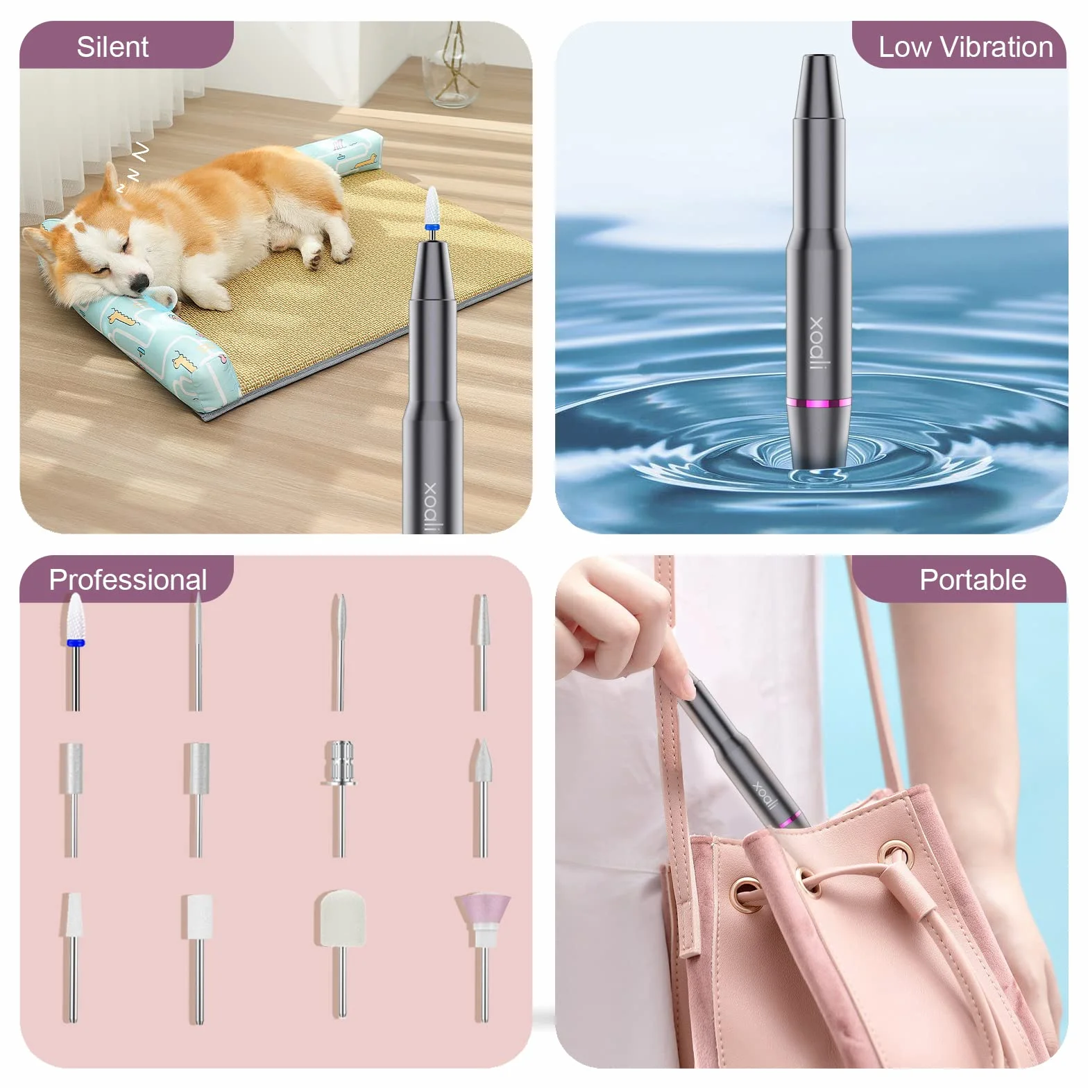 Xoali Fresa per Unghie 25000RPM Lima Elettrica 12 in 1 Professionale Portatile con Punta in Ceramica Velocità Regolabile Kit Manicure Pedicure