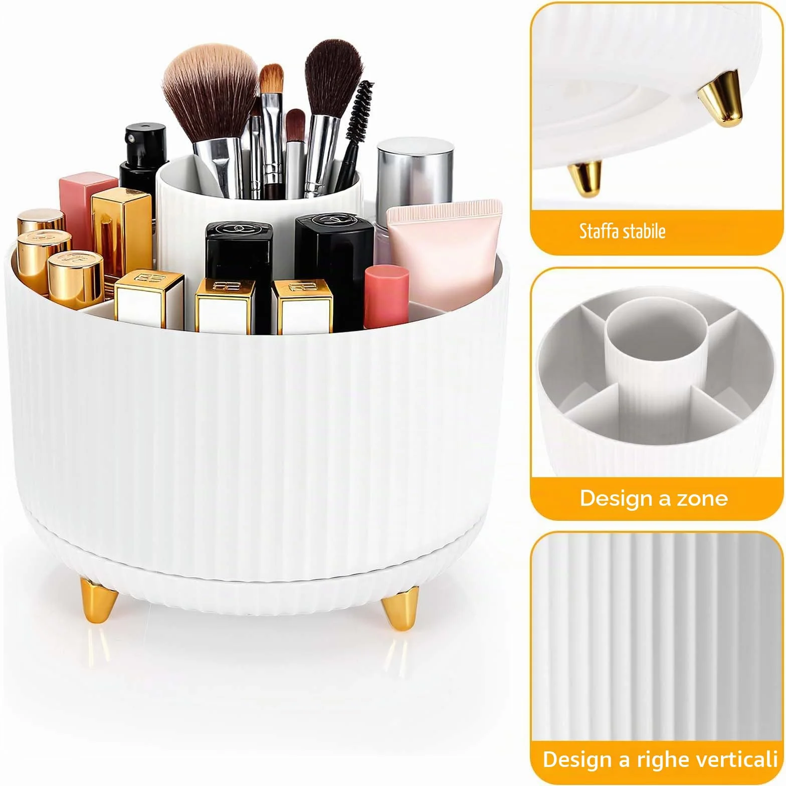 Organizer Porta Trucchi Girevole 360°, Spazzola 5 Griglie, Bianco