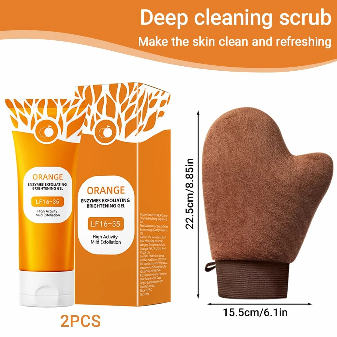 GXGM 2 Pezzi Orange Exfoliating Gel lf16-35,Gentle Exfoliating Orange Detergente Viso,Rimuove le Cellule Morte Della Pelle, Migliora la Consistenza Della Pelle,Con Guanti Floccati Marroni