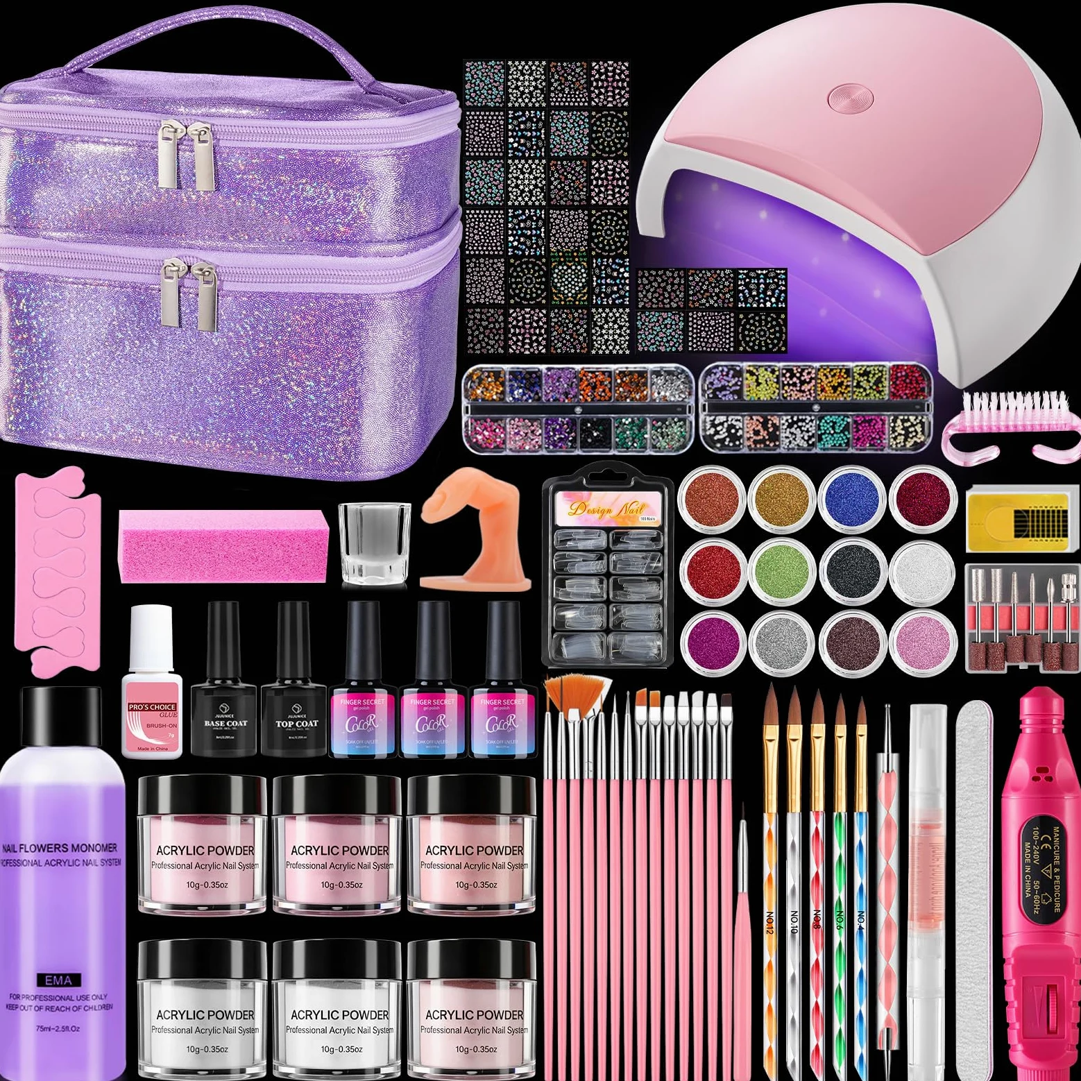 Deciniee Kit per unghie in acrilico: set in polvere acrilica con lampada UV, trapano elettrico per unghie, punte finte, 6 colori polvere + gel monomero, set per nail art in confezione regalo viola, da