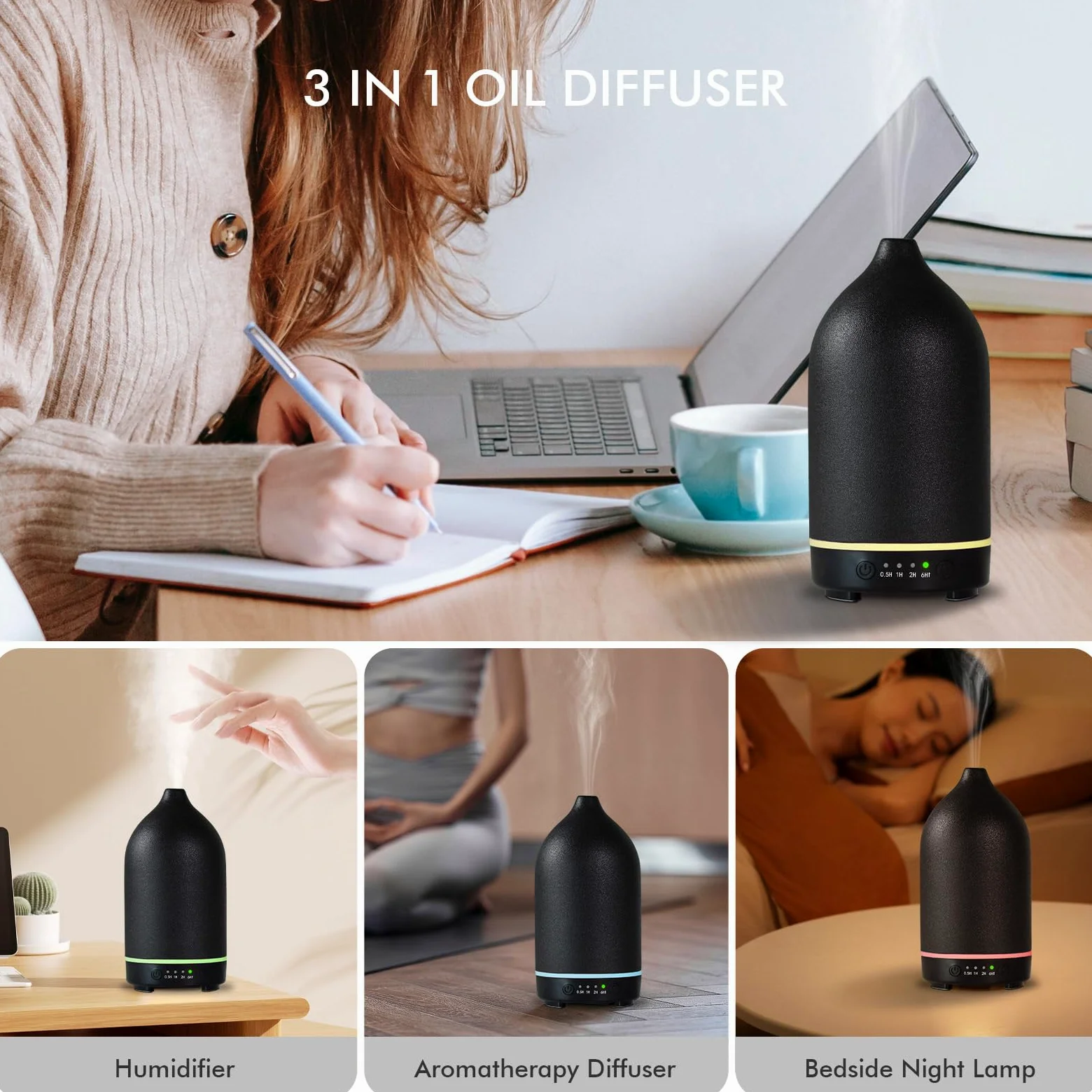 Diffusore di oli essenziali in ceramica, diffusore per aromaterapia da 150 ml, per oli essenziali, con timer e luce LED a 7 colori, diffusore di aromi ad ultrasuoni, con spegnimento automatico