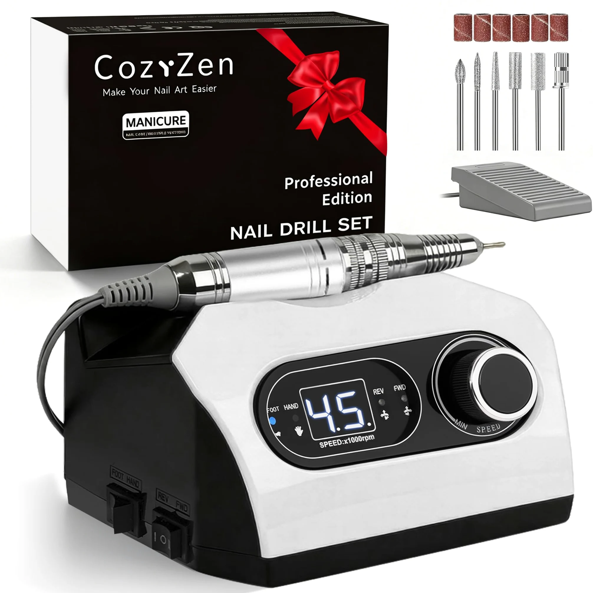 CozyZen Lima per Unghie Elettrica, Trapano Professionale a Filo con 35.000 RPM, Pedale, 6 Frese, Display LED e Controllo Velocità per Casa e Salon（Bianco）