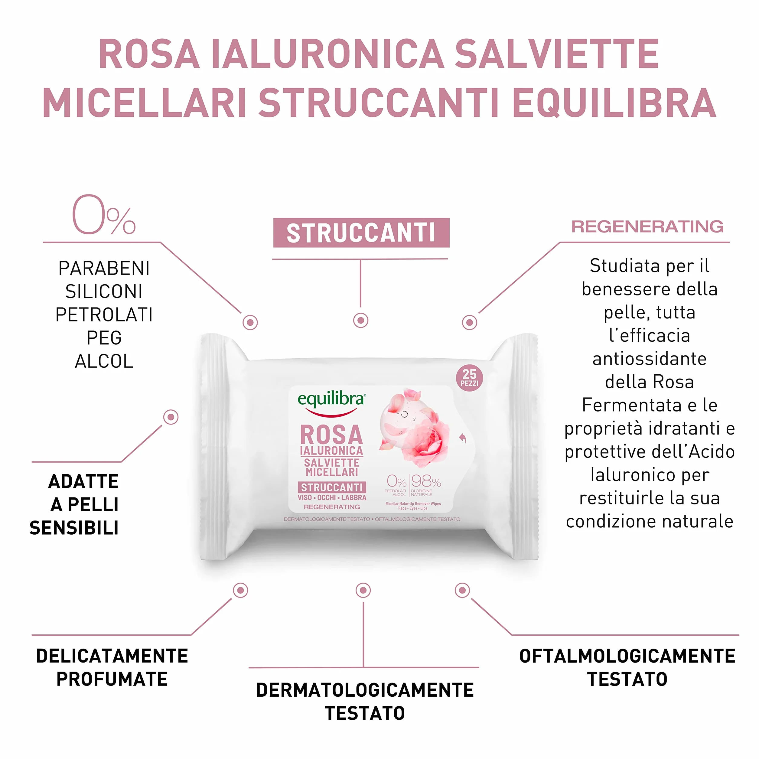 Equilibra Salviette Micellari Struccanti 100% Naturale Viscosa Rosa Fermentata Acido Ialuronico Ceramidi Vegetali 25 pz