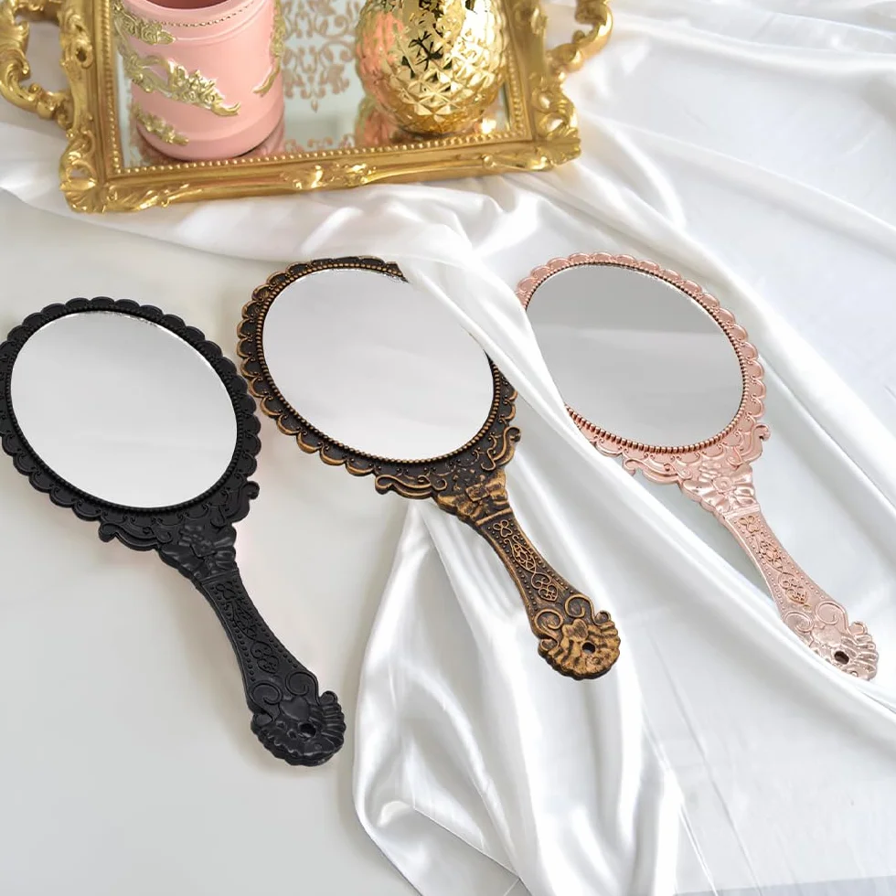 3 Pezzi Specchio a Mano, Specchio per Trucco Con Maniglia, Specchio Vintage Floreale in Rilievo, Mini Specchio Ovale su un Solo Lato per Ufficio Di Viaggio (Nero, Oro Rosa, Bronzo)