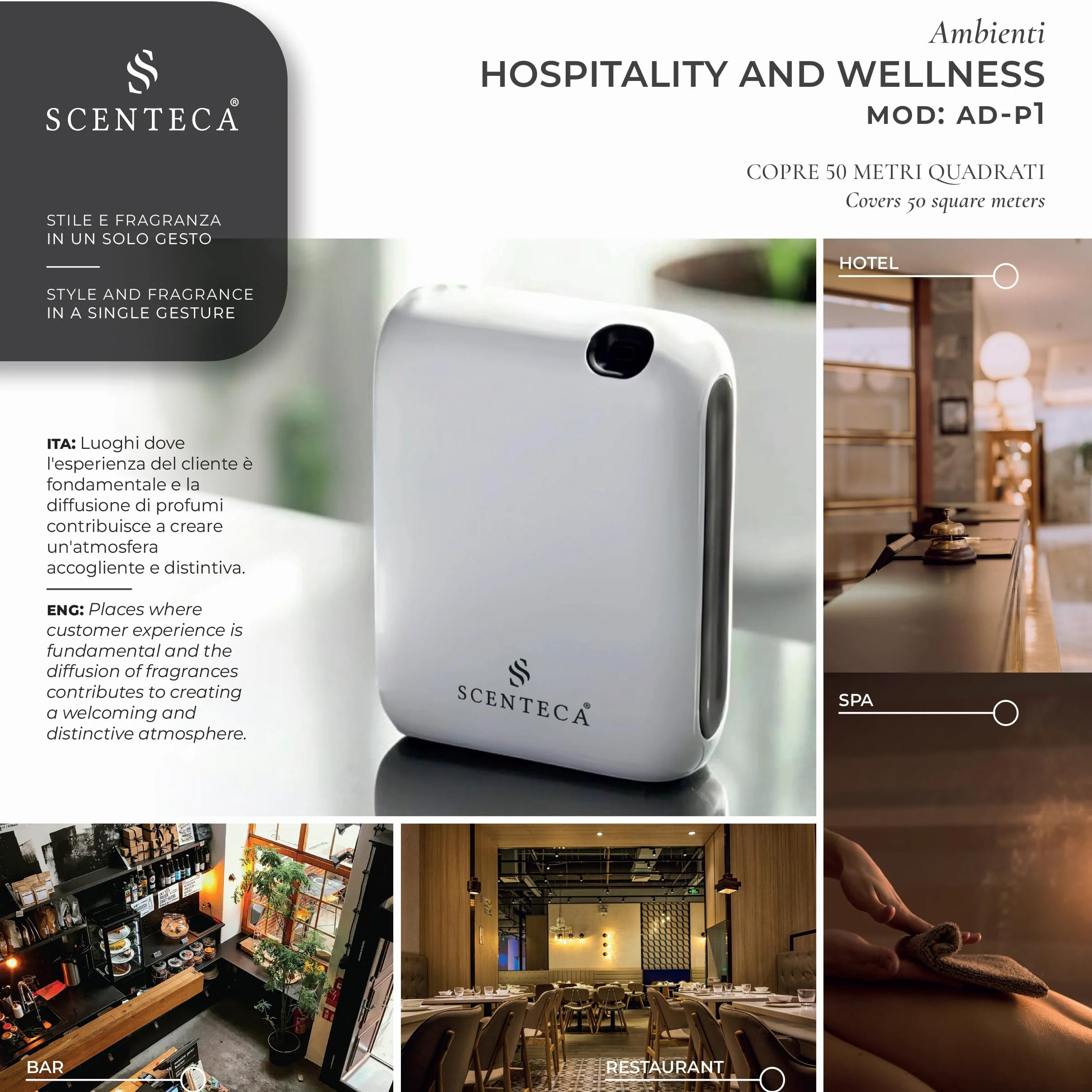 SCENTECA Diffusore elettrico di oli essenziali AD-P1, fragranza Summer Scent 100 ml Inclusa, nebulizzazione senza acqua, programmabile via app, copertura fino a 50 m²