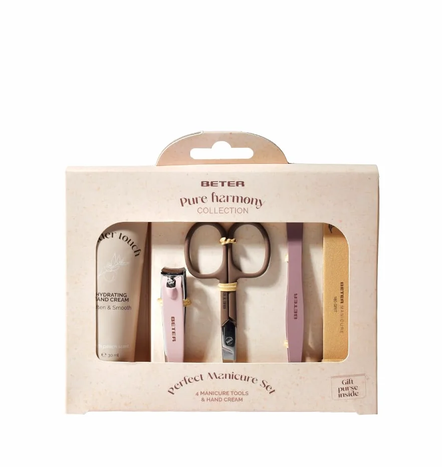 Beter - Set Manicure Pure Harmony, Set di 4 pezzi (Lima per unghie, Pinzetta, Forbicine, Tagliaunghie) + Crema per le mani e Borsa in tessuto, Perfetto per regalo, Natale, Kit Cura delle Unghie e Mani