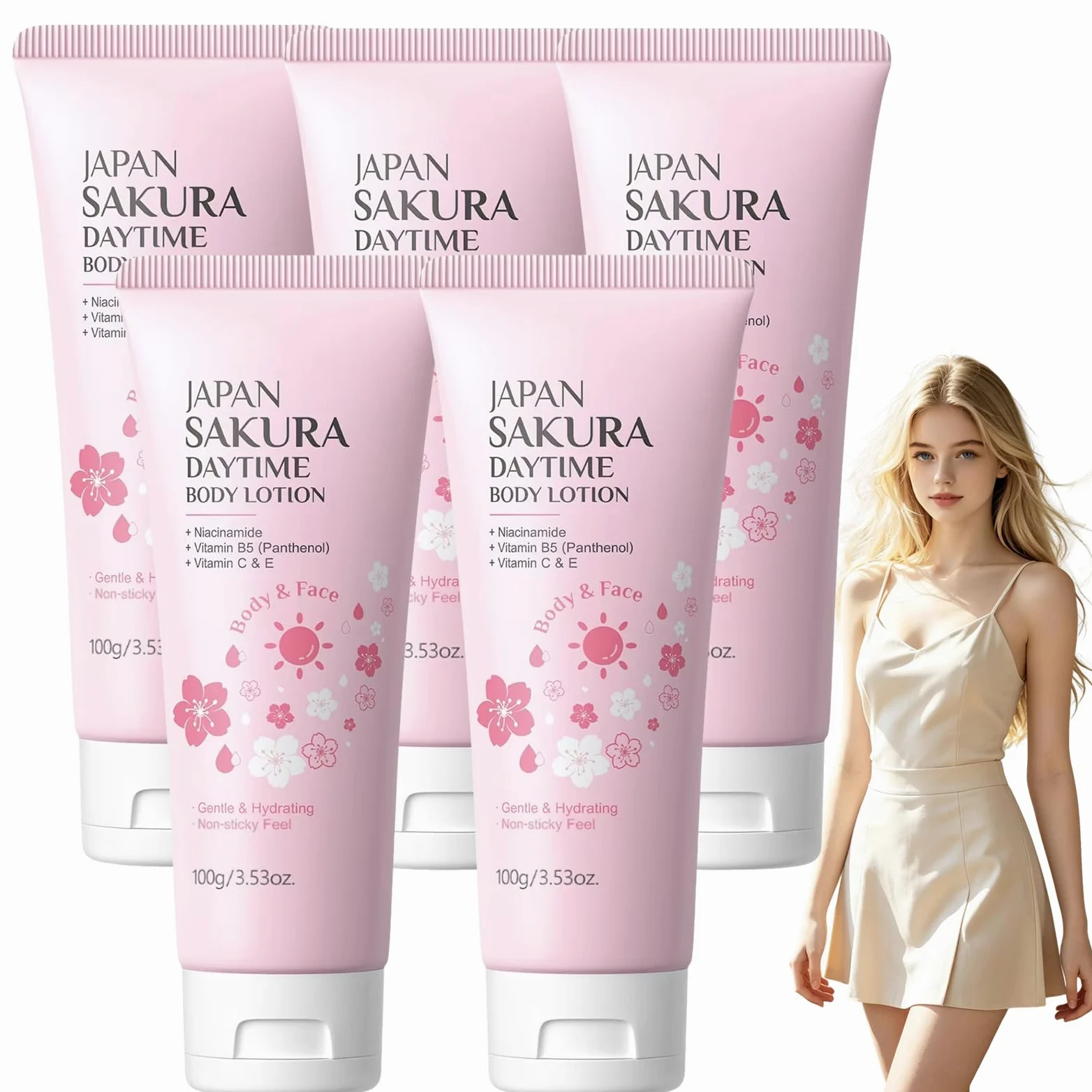 Giapponese Fiori di Ciliegio (Sakura) Illuminante Corpo Lozione - Rassodante e Anti-invecchiamento Idratante Quotidiano, Donne Pelle Secca Serraggio Profumato Idratante Crema (5 pezzi)