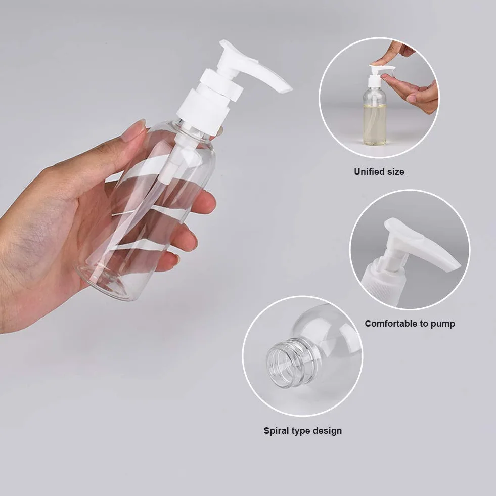 6 Pezzi Bottiglie da Viaggio Trasparenti 100ML / 3.4OZ Pompa in Plastica Dispenser per Lozione Vuote con 2 Piccoli Imbuti