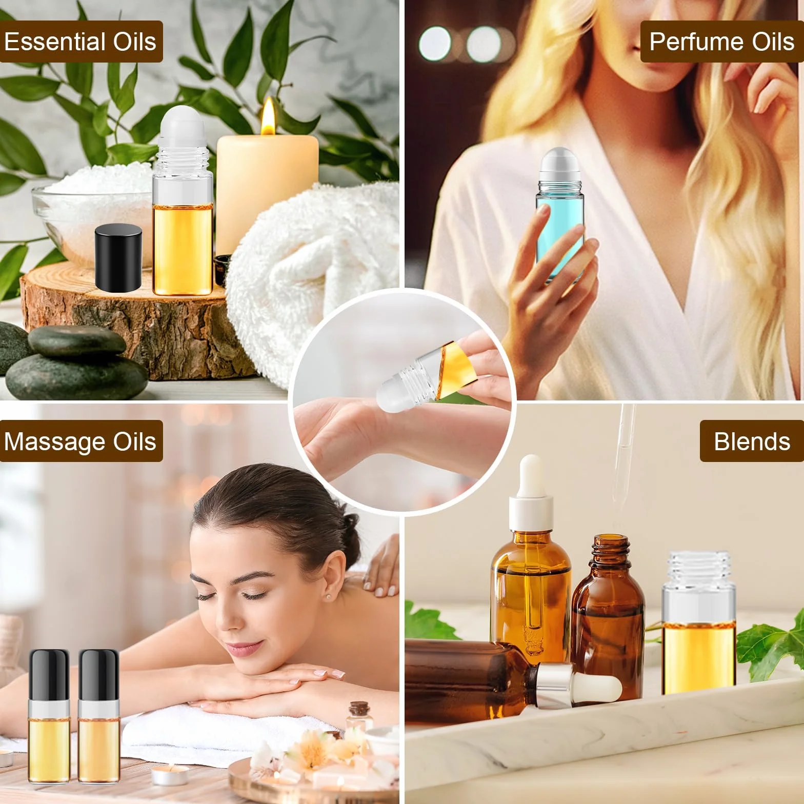 4 Pezzi 30ML Roll on Vuoto per Oli Essenziali, Vuoto Roll On Bottiglie con Sfera, Ricaricabili Flacone per Olio Essenziale con Contagocce, Imbuto, Adesivo per Aromaterapia, Profumi
