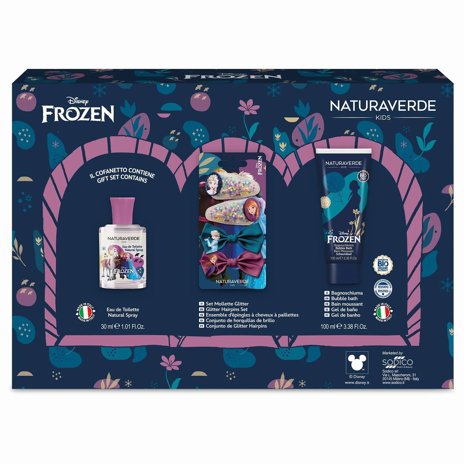 FROZEN | Frozen Gift Set, Profumo 30ml + Bagnoschiuma 100ml + Mollette Glitter - Set Elegante e Divertente per la Cura dei Più Piccoli