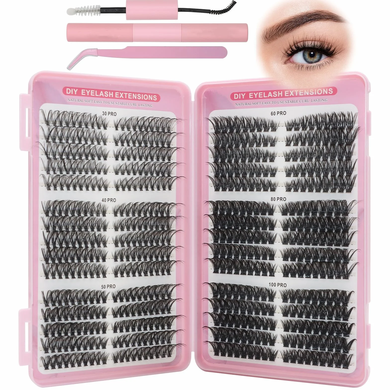 VEGCOO 570 Pezzi Ciglia Finte Ciuffetti Kit, 30-100D Curl Cluster Lashes, Extension Ciglia Naturali per Principianti