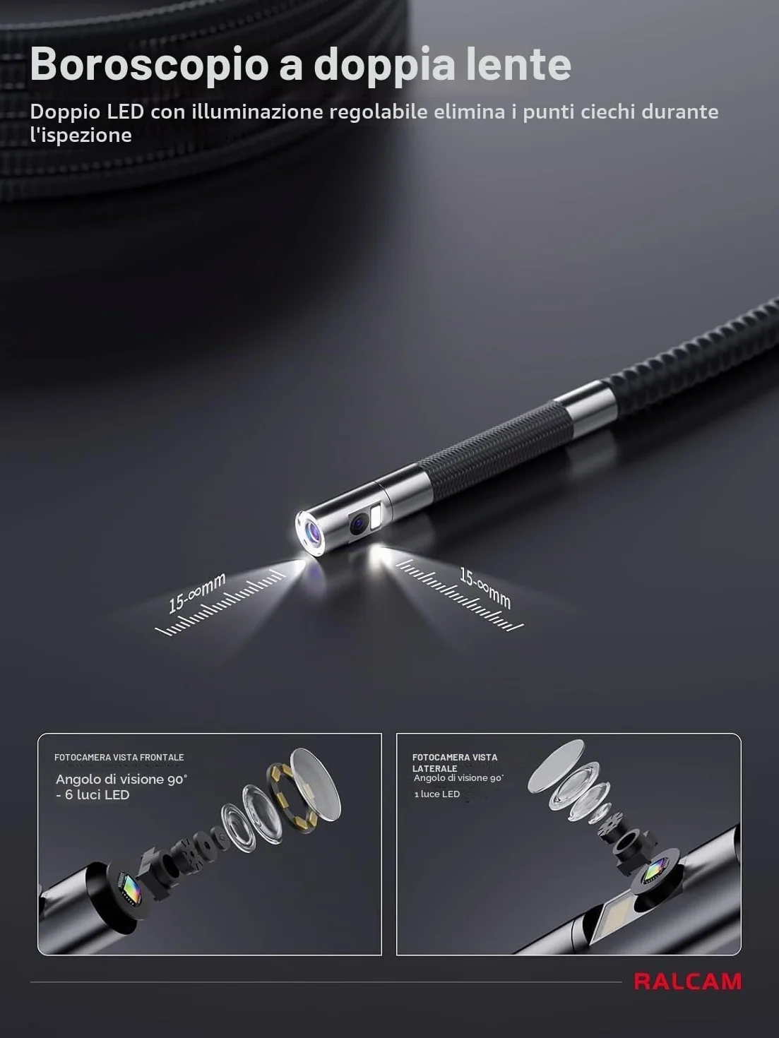 Ralcam Telecamera Endoscopica 360° a Doppio Obiettivo, Schermo HD 5", Sonda 6,5 mm, Impermeabile IP67, 6+1 LED, Cavo 1,5 m