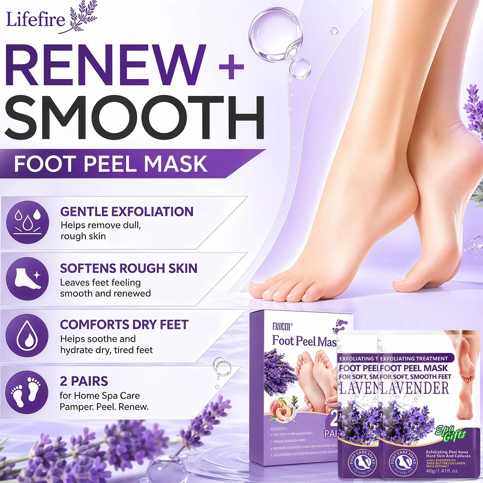 2 Paia Maschera Piedi Esfoliante, Peeling Piedi Idratante, Cura dei Piedis Secchi e Talloni Screpolati, Calzini Nutrienti con Olio, Per i Piedis Per Uomini e Donne (Lavanda)