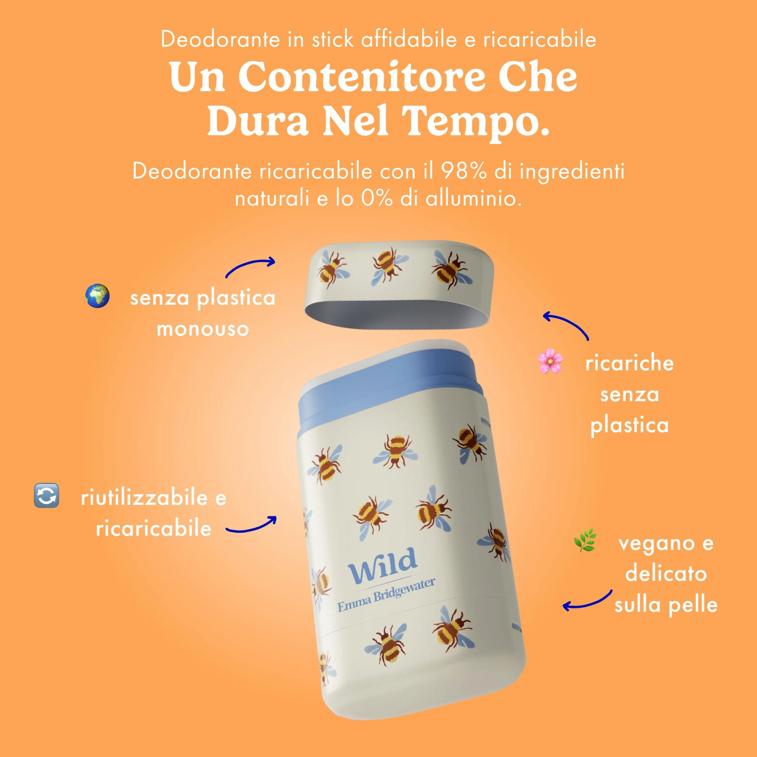 Starter pack deodorante naturale ricaricabile Wild 0% alluminio - Contenitore stampa Api e 5 ricariche da 40g con varie fragranze fresche - 24h di protezione dagli odori -Vegano e delicato sulla pelle