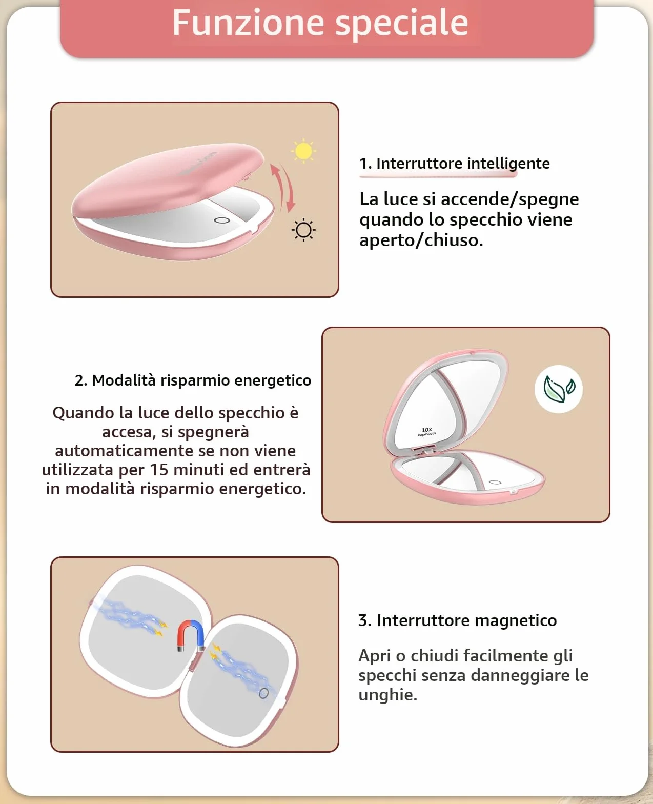 WOBSION Specchio Portatile con Luce LED per Trucco, USB Ricaricabile 10X/1X Ingranditore, Regolabile Luminosità, Oro Rosa
