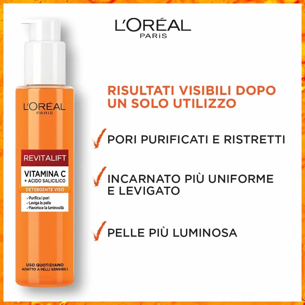L'Oréal Paris Detergente Viso Purificante, Adatto a Pelli Sensibili, Azione Levigante e Uniformante, Pelle Morbida e Elastica, Con Vitamina C + Acido Salicilico, Revitalift, 150 ml