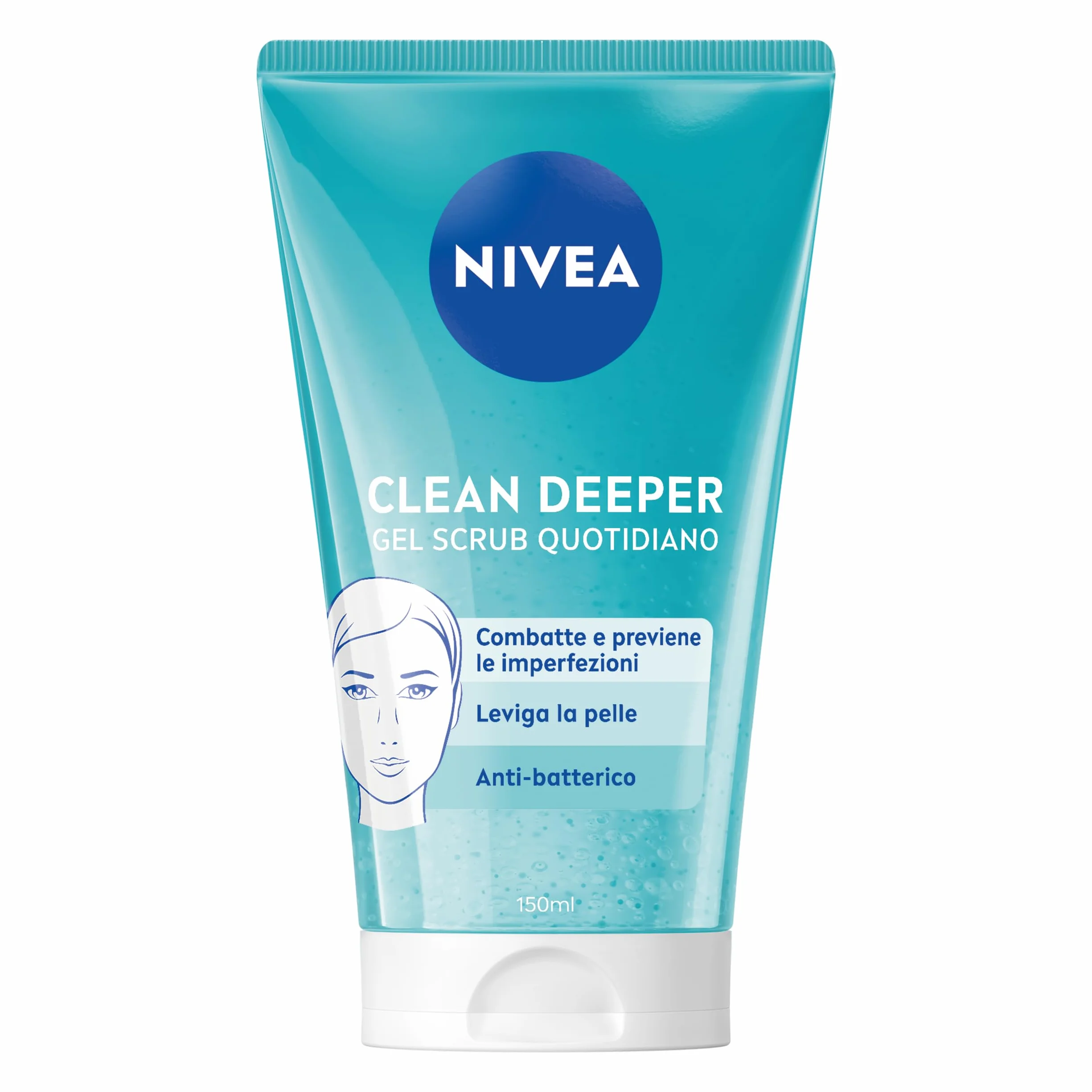 NIVEA Clean Deeper Scrub Viso Quotidiano 150 ml, Scrub esfoliante antibatterico, Esfoliante viso con Acido Lattico, Previene brufoli e punti neri, Non comedogenico, Detergente pelle grassa e mista