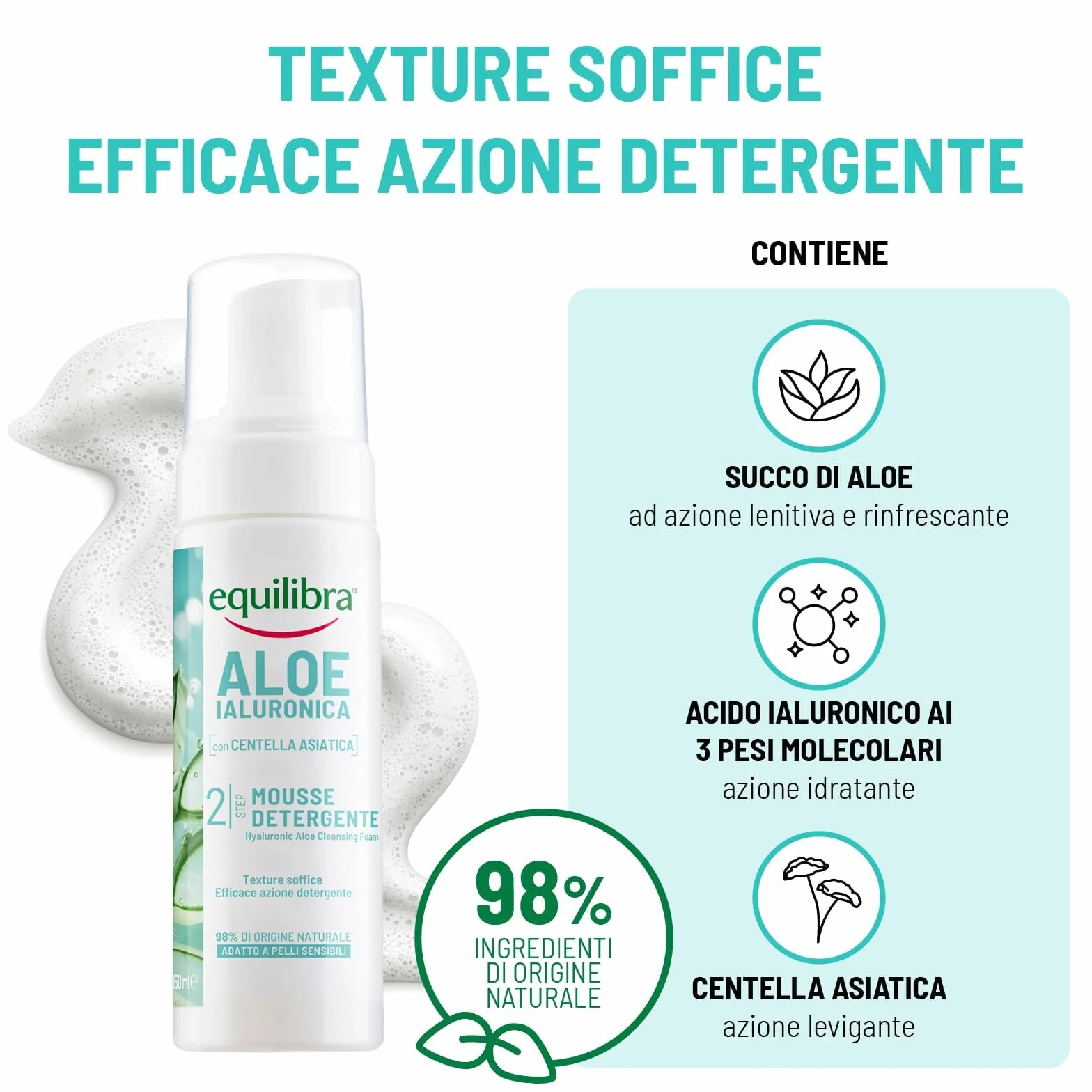 Equilibra Aloe Ialuronica Mousse Detergente Viso 150ml con Succo di Aloe e Acido Ialuronico per Pelli Sensibili