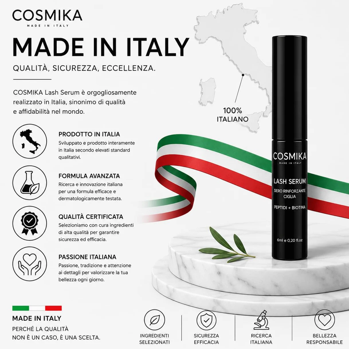 Siero Ciglia Allungante e Volumizzante MADE IN ITALY, Peptidi E Biotina per Ciglia e Sopracciglia, Flacone 6ml