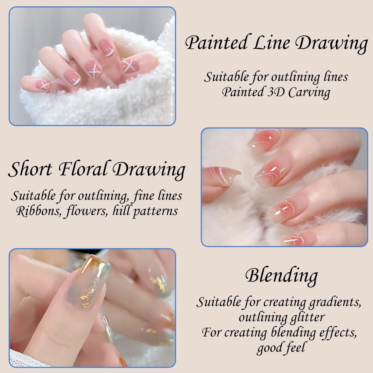 Pennelli per Nail Art, 5 Pezzi Pennelli Liner di Precisione, Pennelli per Unghie per Disegnare Linee Fini Attrezzo per gel UV Disegno Fodera Unghie Strumenti Manicure,Blu