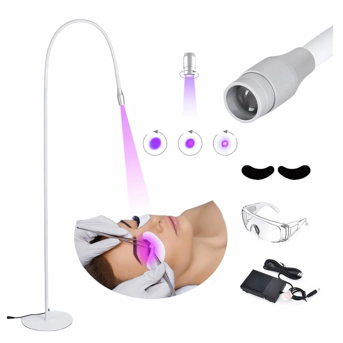 Lampada Uv Per Polimerizzazione Colla, Lampada Per Estensione Ciglia Uv Led + Benda Sull'Occhio + Occhiali + Interruttore A Pedale, Dimensione Spot Regolabile,Colla Polimerizza In 1-3 Secondi,White