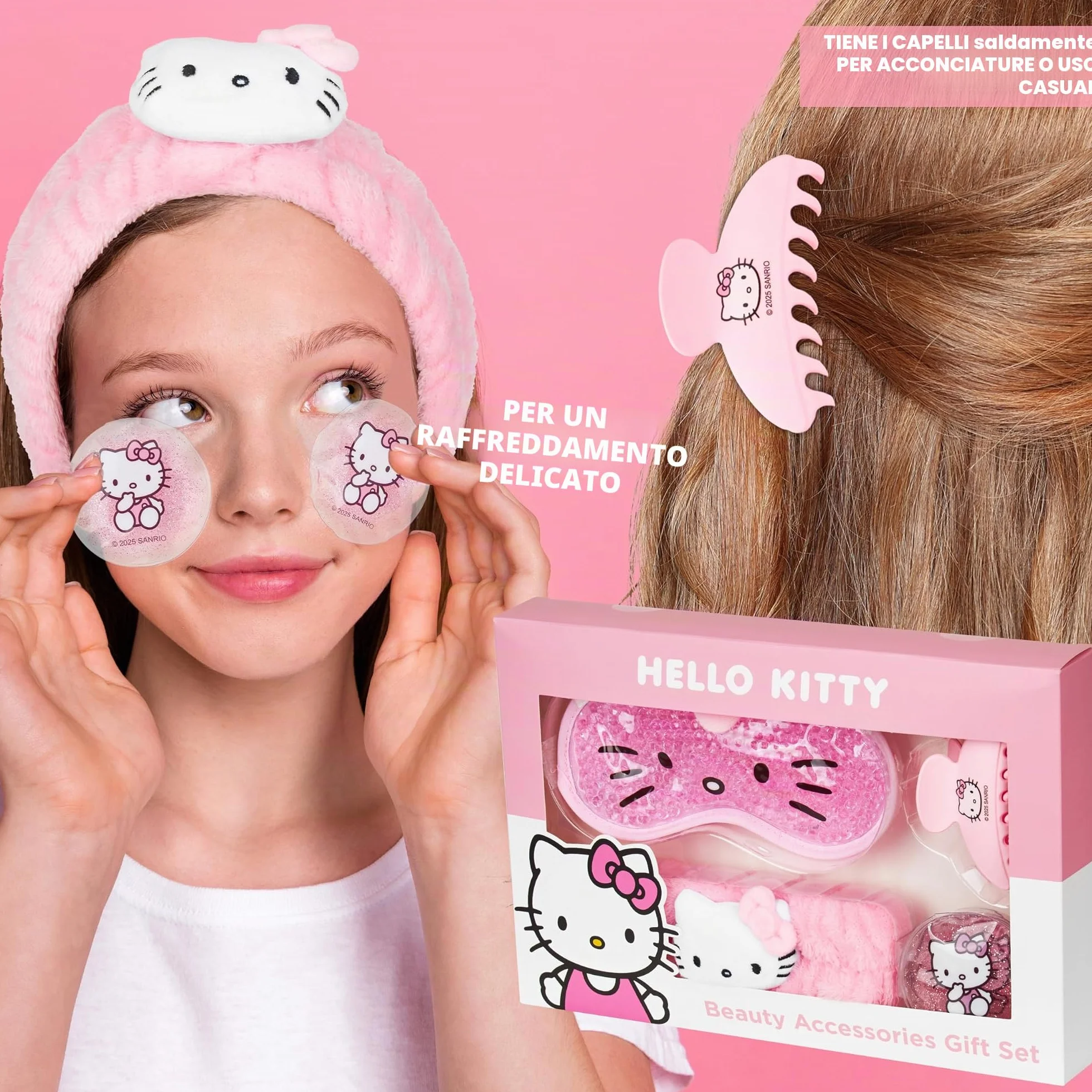 Hello Kitty Sanrio Maschera Occhi Gel Freddo Set Beauty Accessori, Kawaii Fermagli Capelli Fascia Capelli, Coccole Anime Regalo Donna Adolescenti (Rosa Hello Kitty)