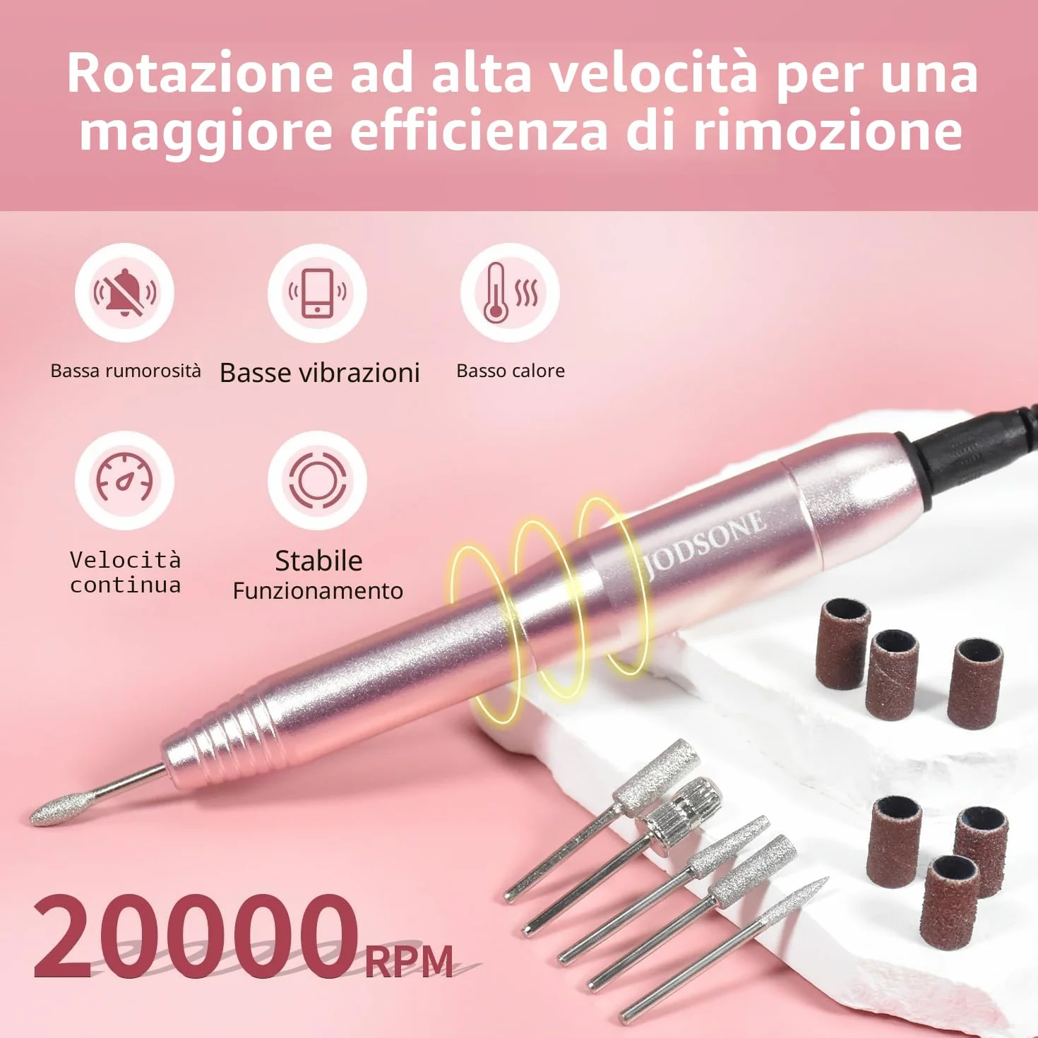 JODSONE Fresa per Unghie Professionale 20000RPM 6 in 1 con 6 Punte di Ricambio