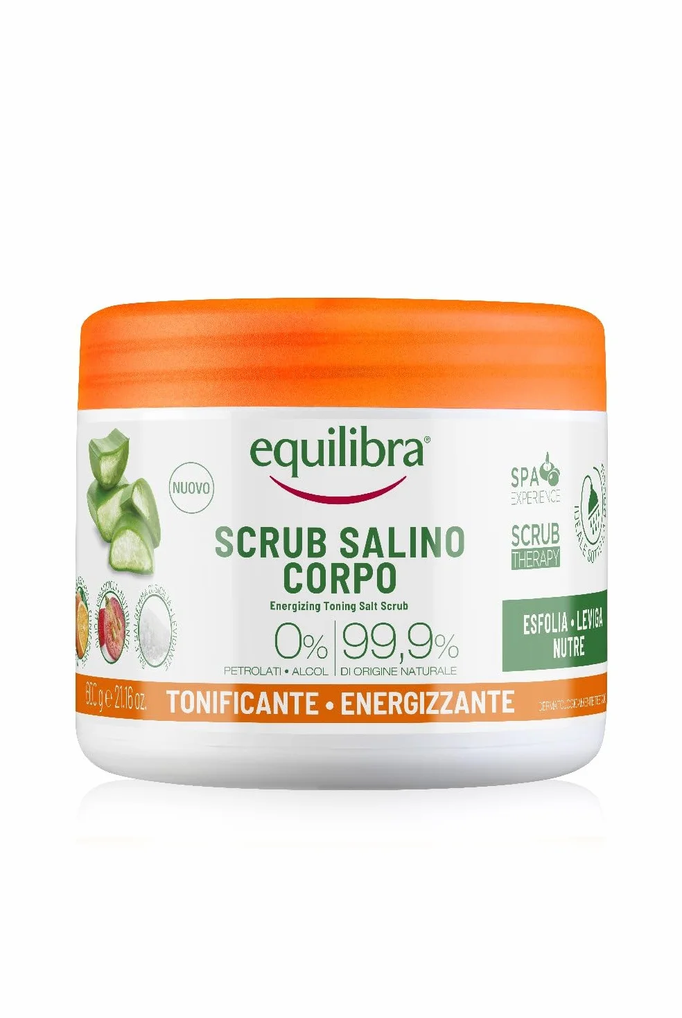 Equilibra Corpo, Scrub Salino Tonificante Energizzante, Scrub Corpo Tonificante ed Esfoliante, per una Pelle Levigata e Nutrita, con Mix di Sali Marini, Oli Naturali ed Estratti Vegetali, 600 g