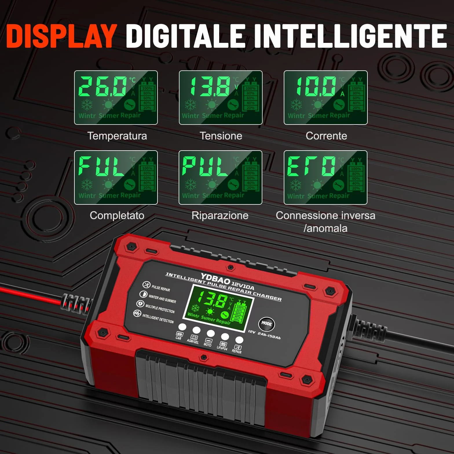 Caricabatterie Auto 10A 12V Multi Protezioni Intelligente Mantenitore con Schermo LCD per Moto Barche AGM LiFePO4