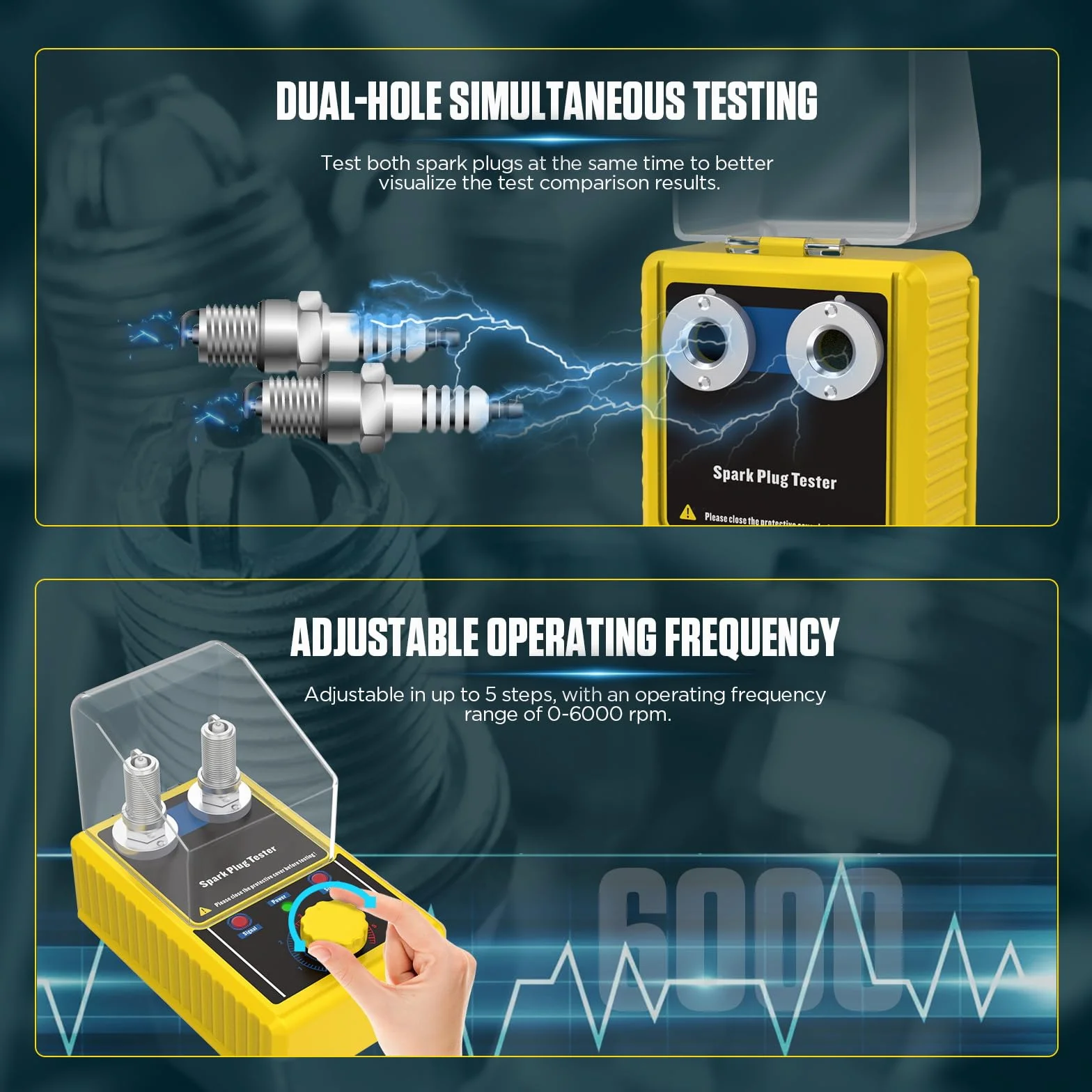 BELEY Tester per Candele Automobilistiche a Doppio Foro, Strumento Tester per Bobine di Accensione a Frequenza Regolabile 0-6000 giri/minuto, 12 V (Giallo)
