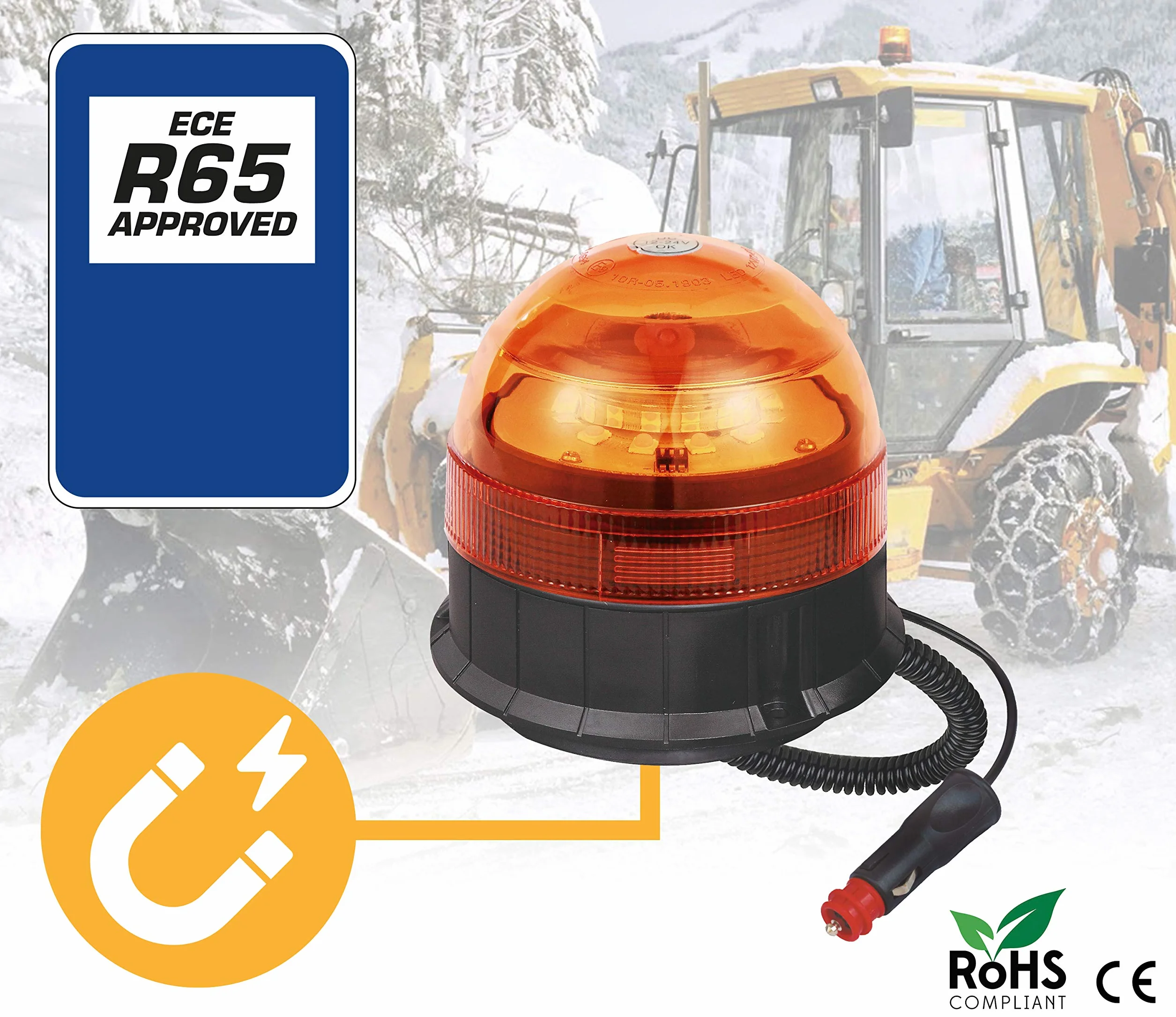 Ryme Automotive Rotativo Ambra LED R65 Segnalazione Avvertimento Omologato 3 Funzioni Flash Rotazione Lampeggiante