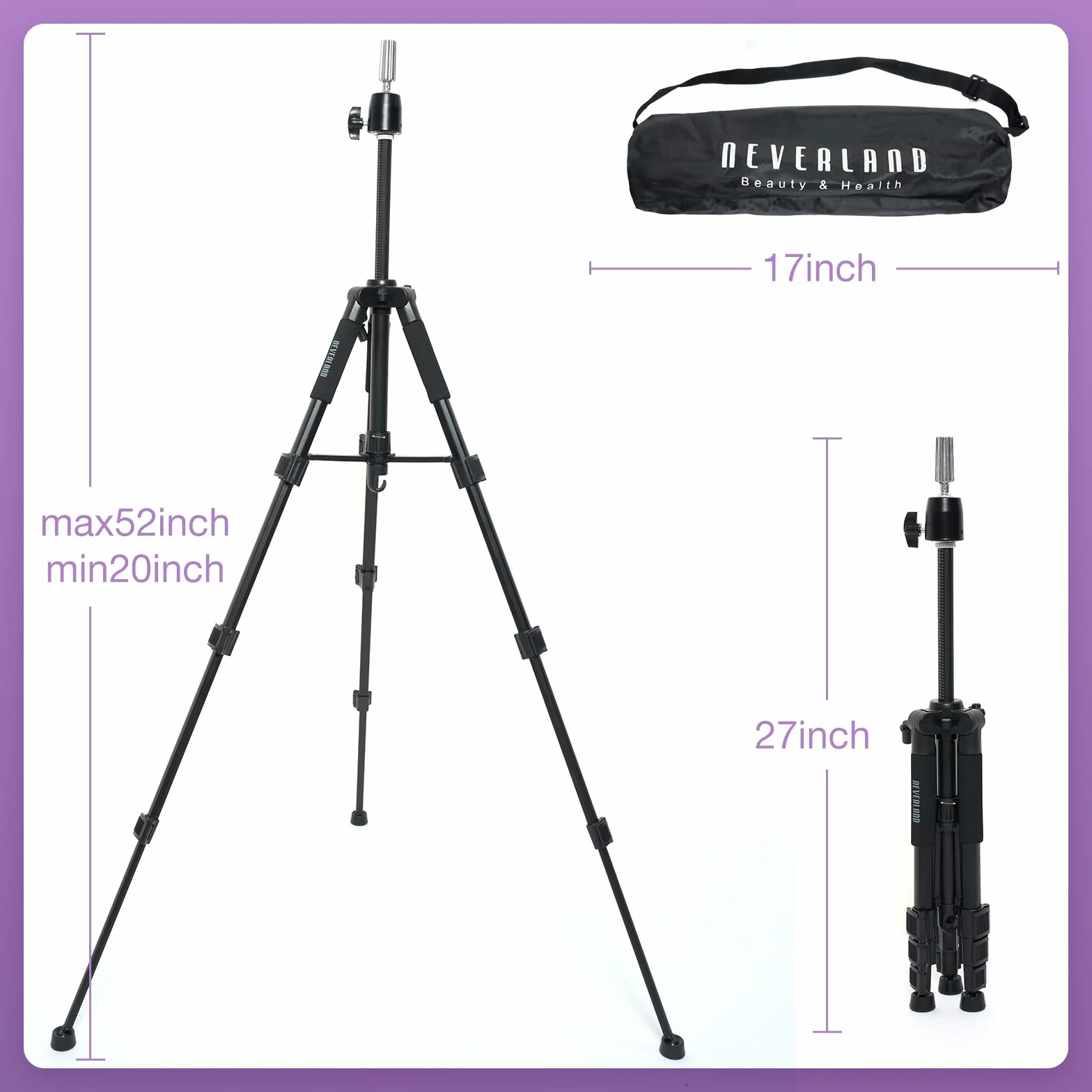 Supporto per parrucca da 52" (132cm), con base antiscivolo, supporto per parrucca regolabile ad alta resistenza, con ganci, per manicomio, con set di pin, per parrucca, pettine per capelli