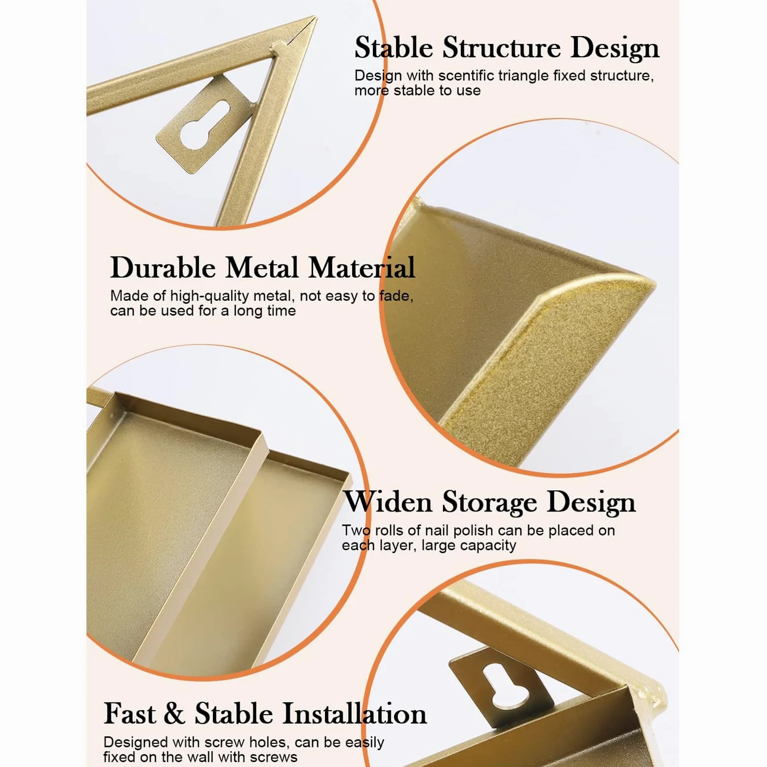 Set di 6 Porta Smalti Triangolari Dorati, Portaoggetti per Cosmetici, Supporto A Parete Multifunzionale per Salone, Negozio E Casa
